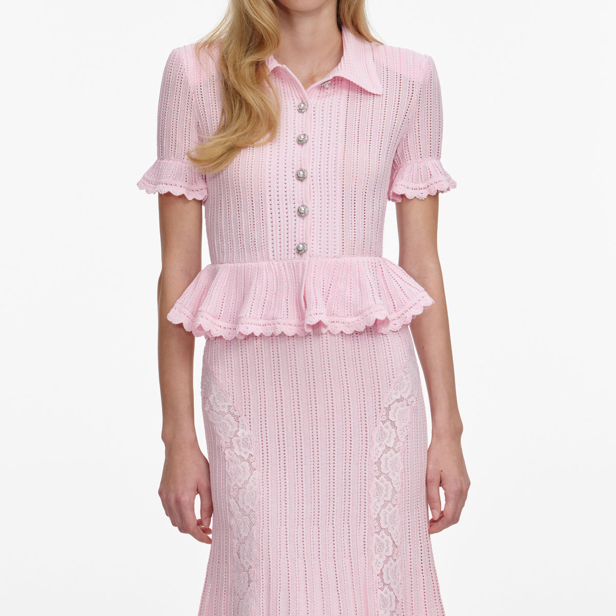 self portrait pink viscose knit midi dress Pointelle Peplum – self-portrait children couture
