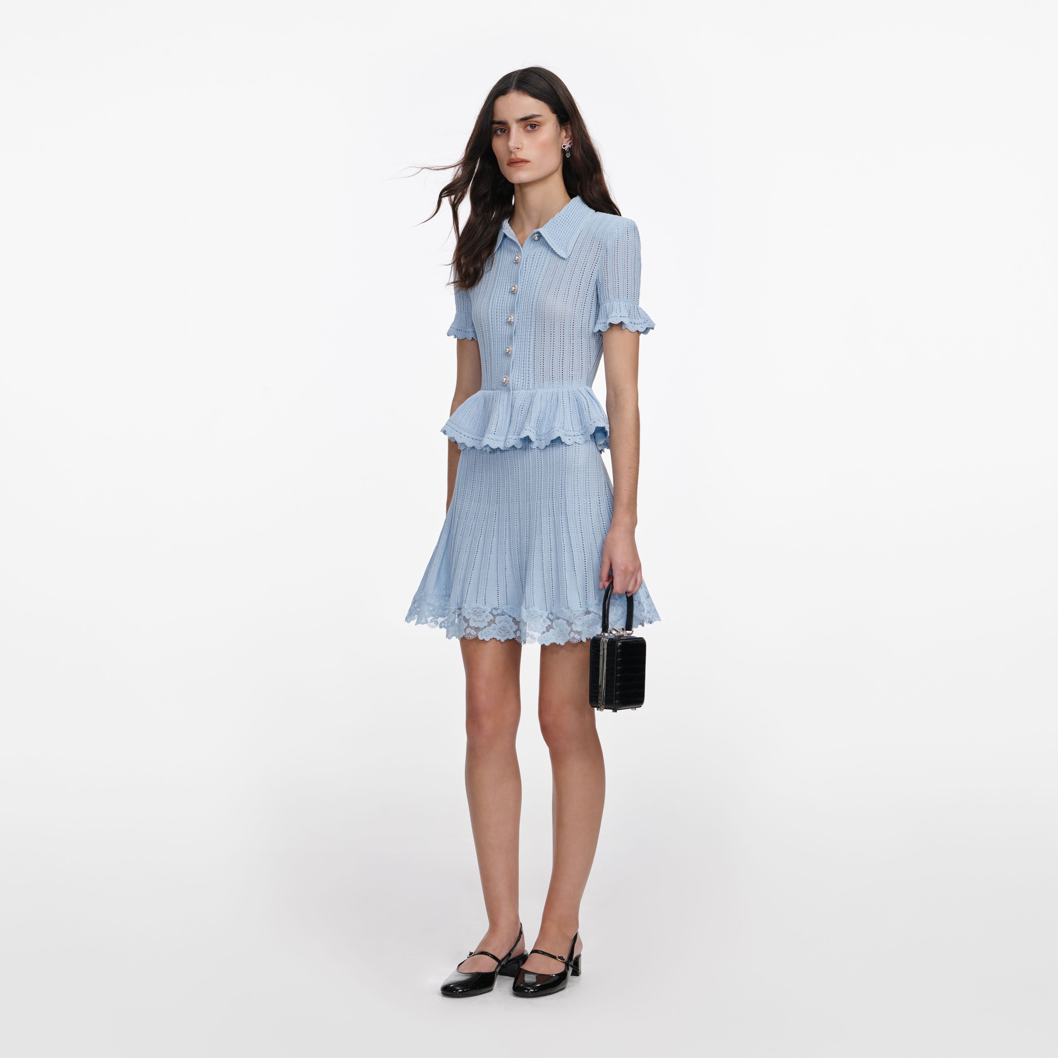 Blue  Pointelle Peplum Knit Mini Dress