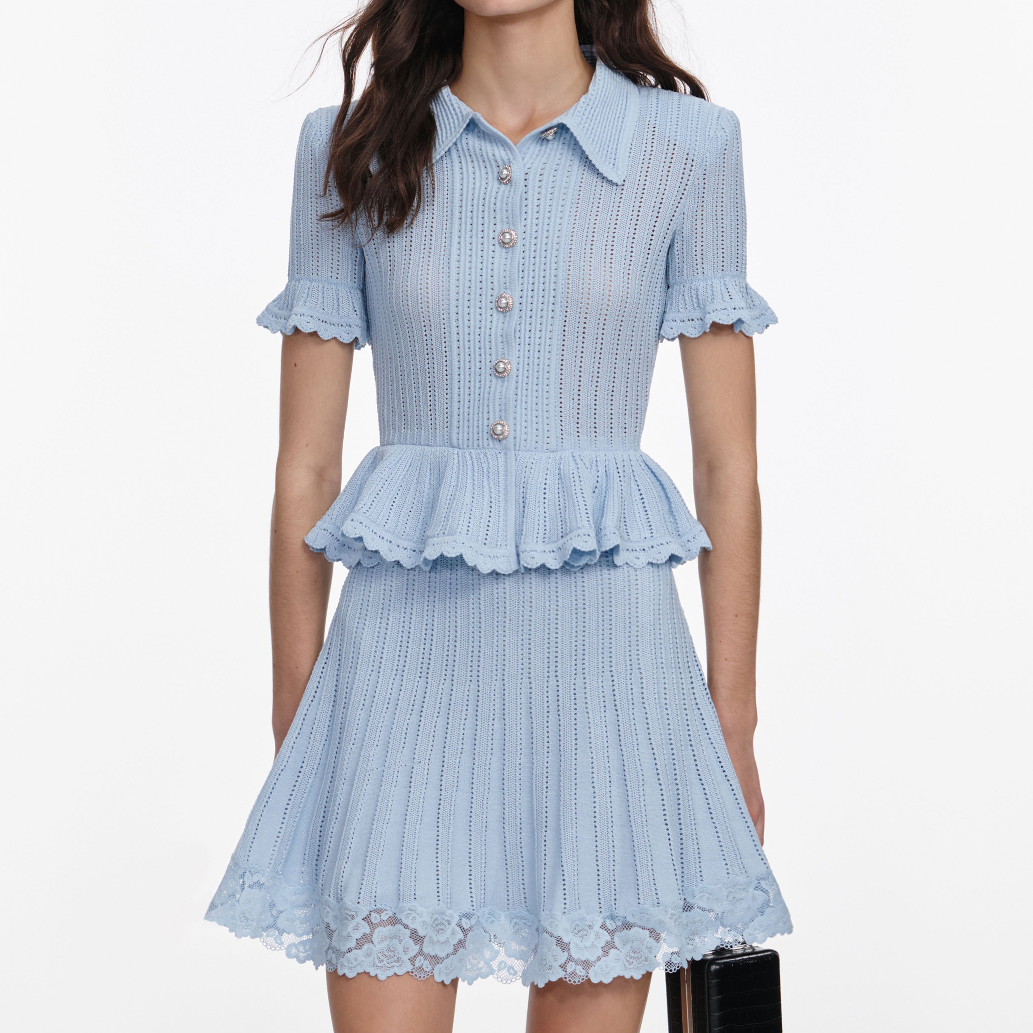 Blue  Pointelle Peplum Knit Mini Dress