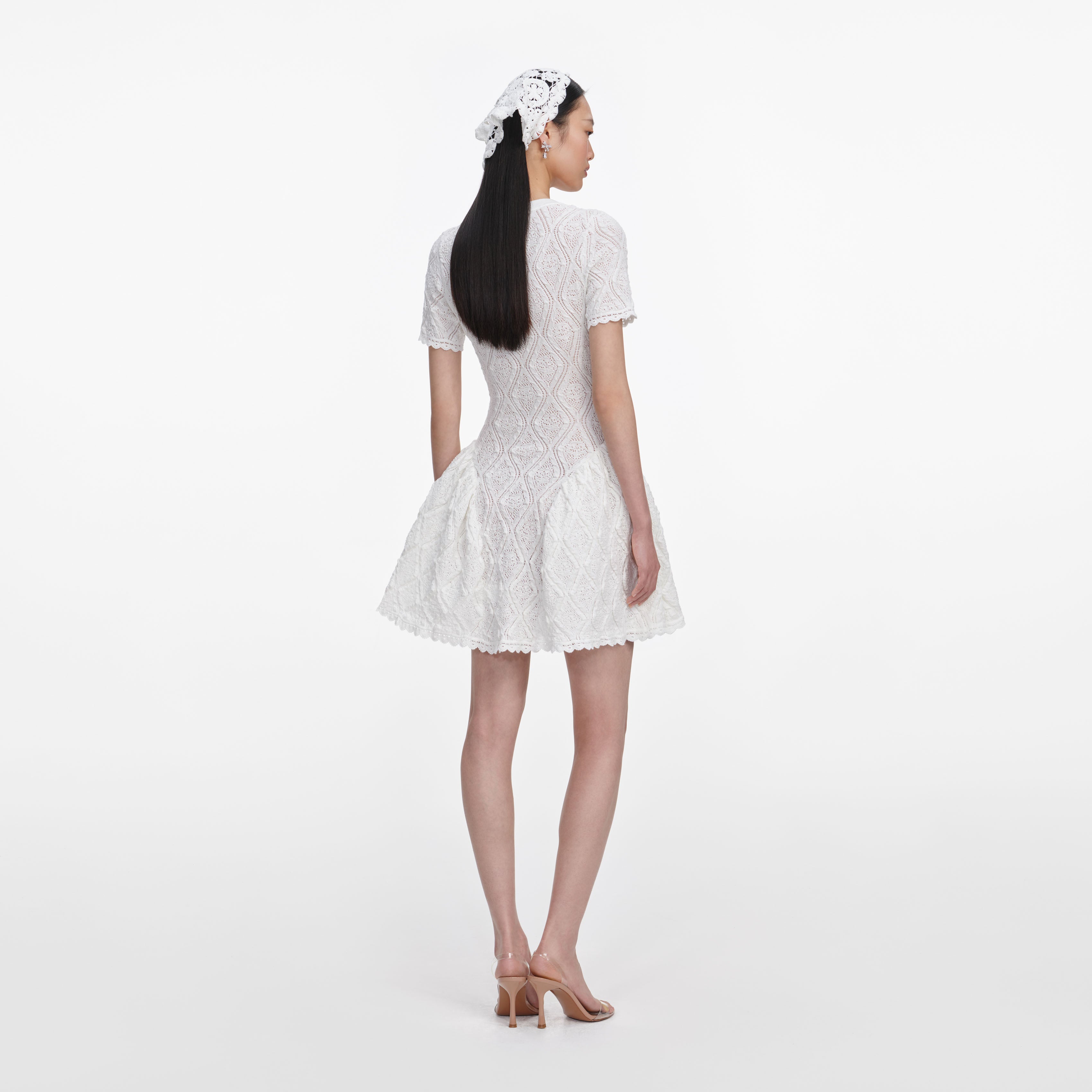 White Pointelle Knit Flared Mini Dress