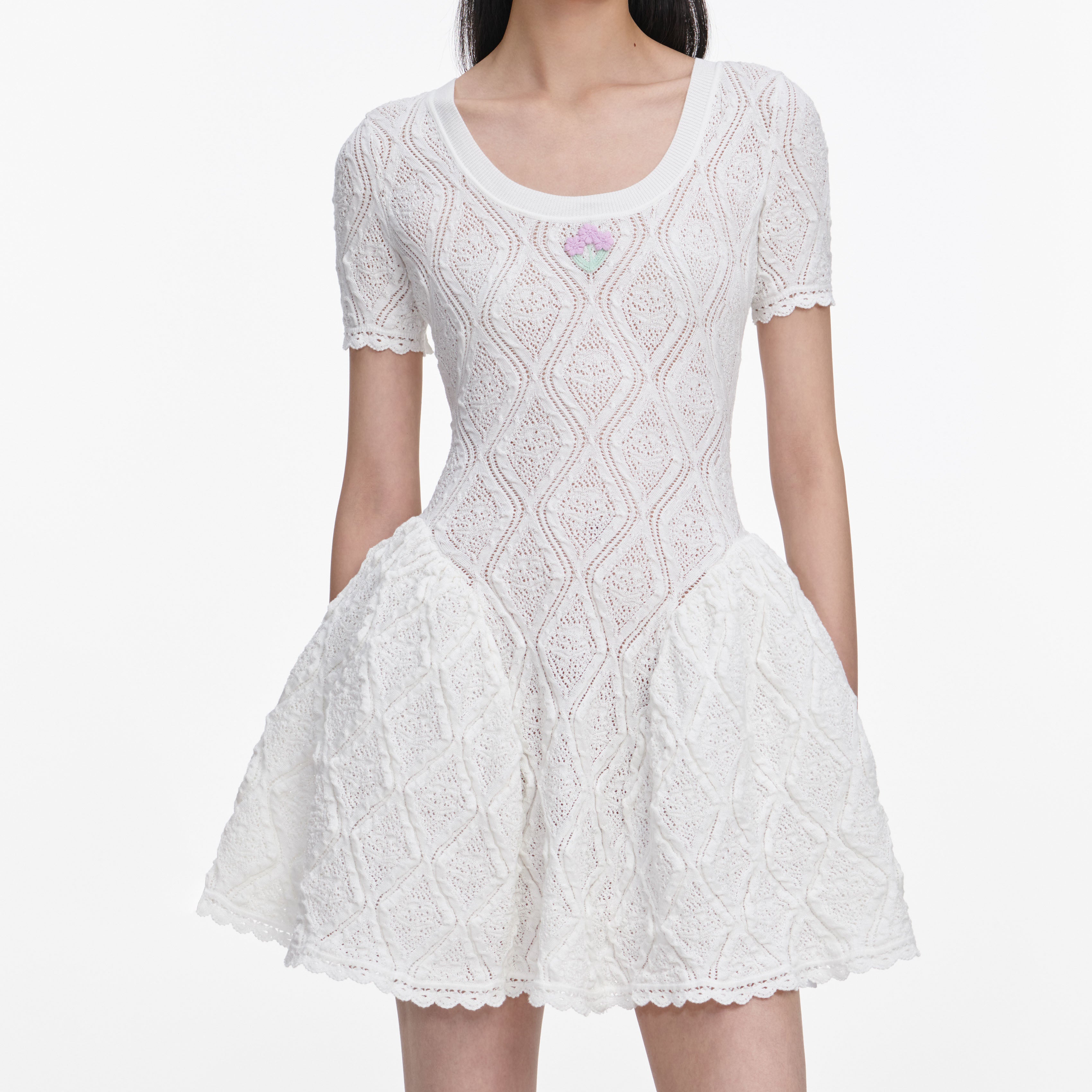 White Pointelle Knit Flared Mini Dress