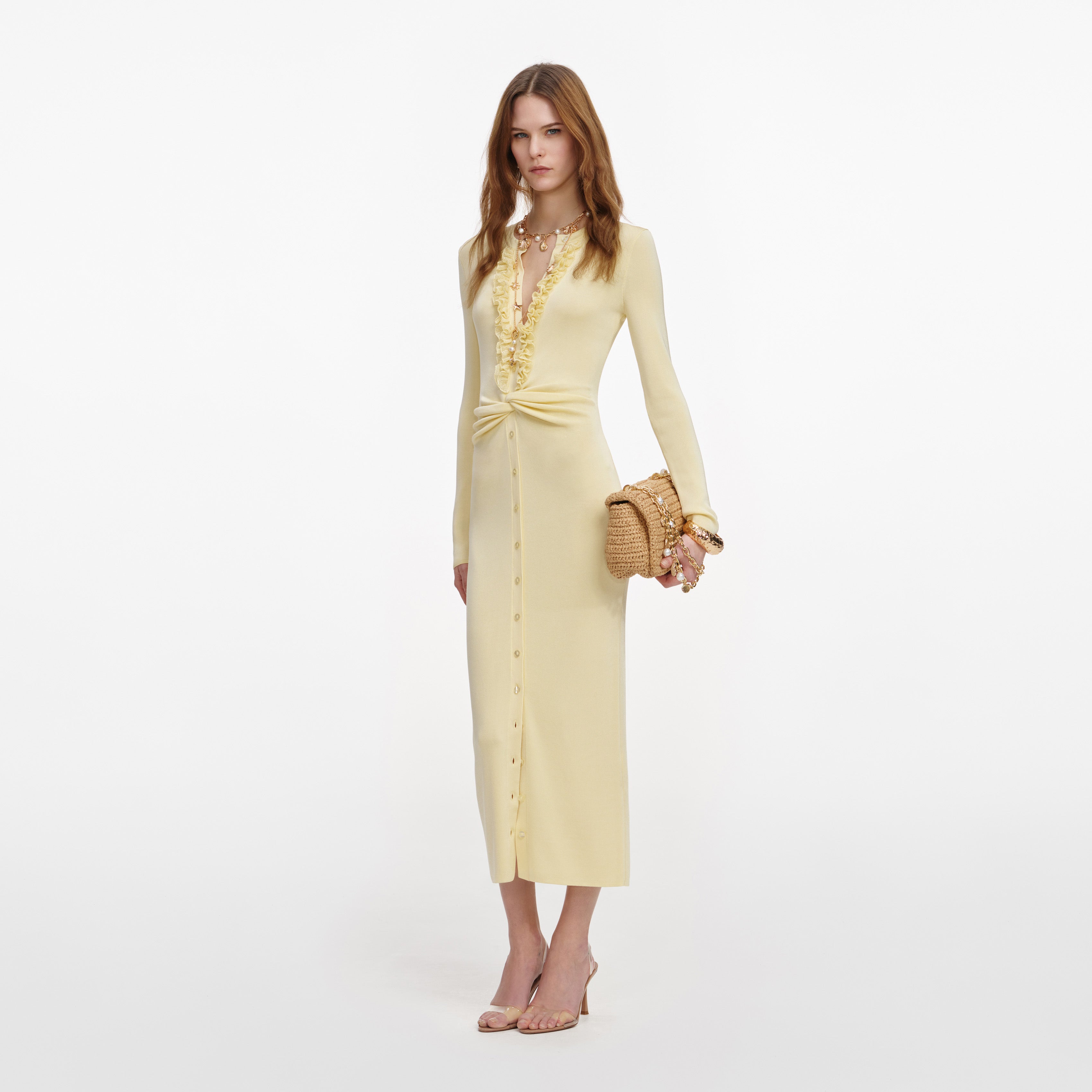 Yellow Viscose Knit Ruffle Midi Dress – self-portrait