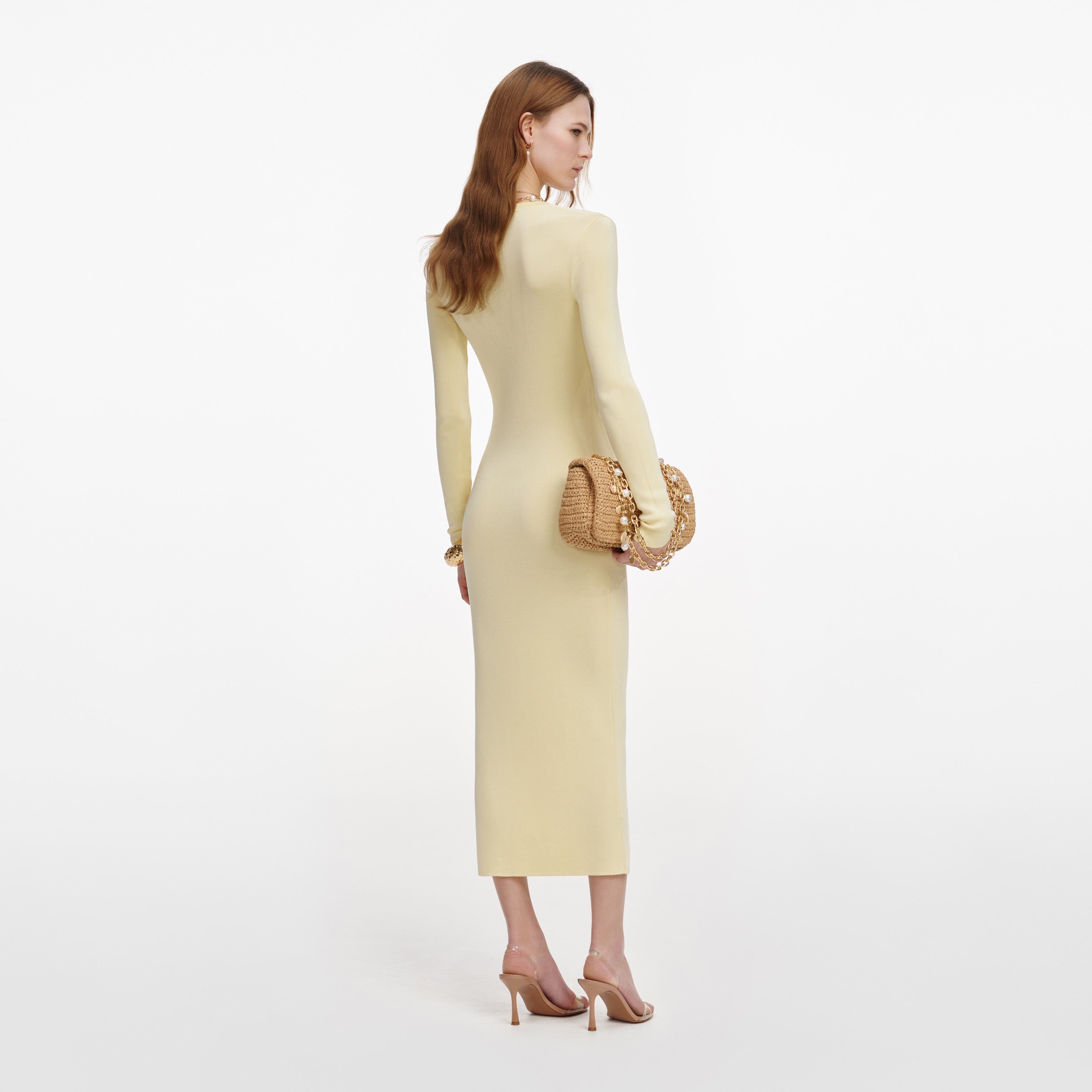 Yellow Viscose Knit Ruffle Midi Dress