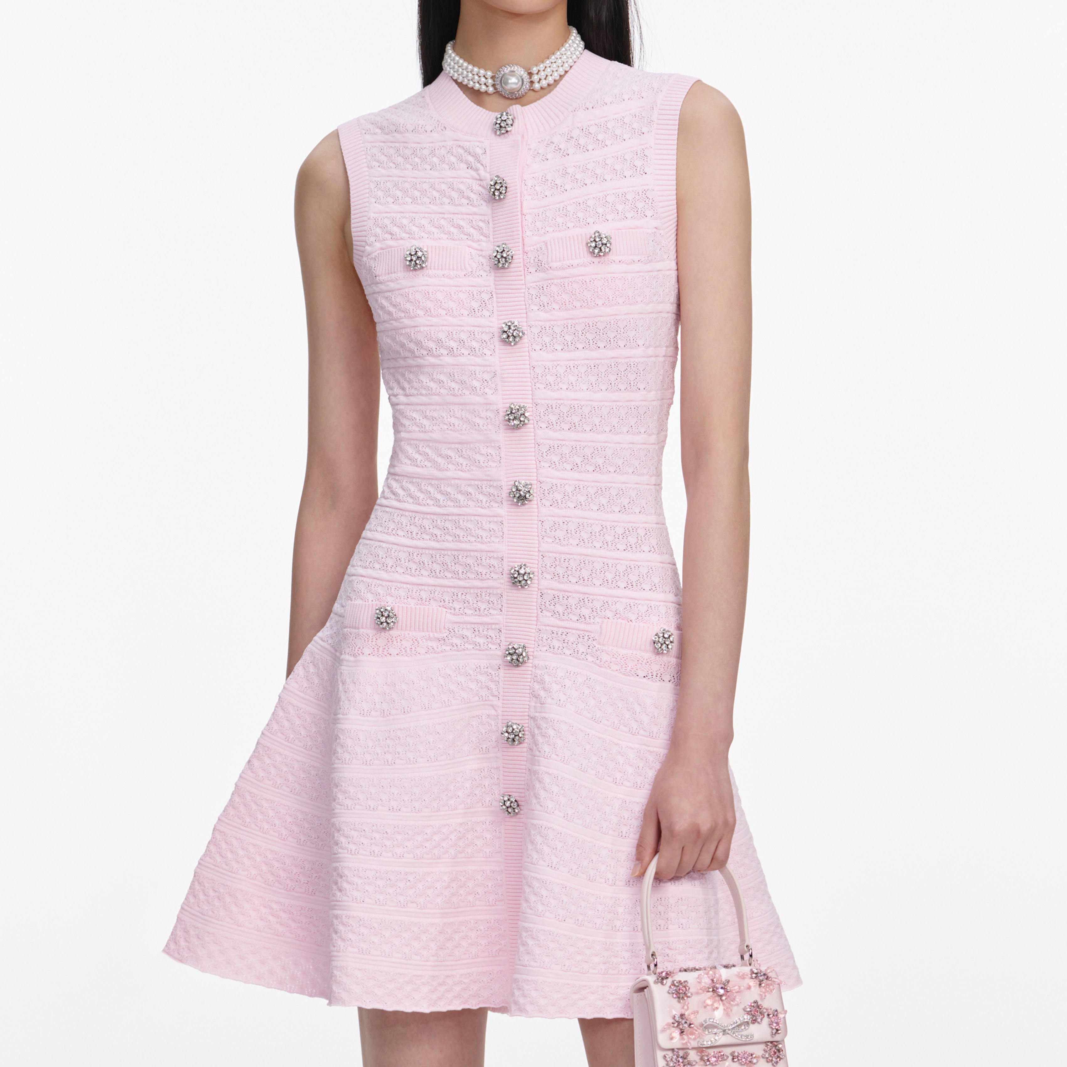 Pink Pointelle Diamante Knit Mini Dress