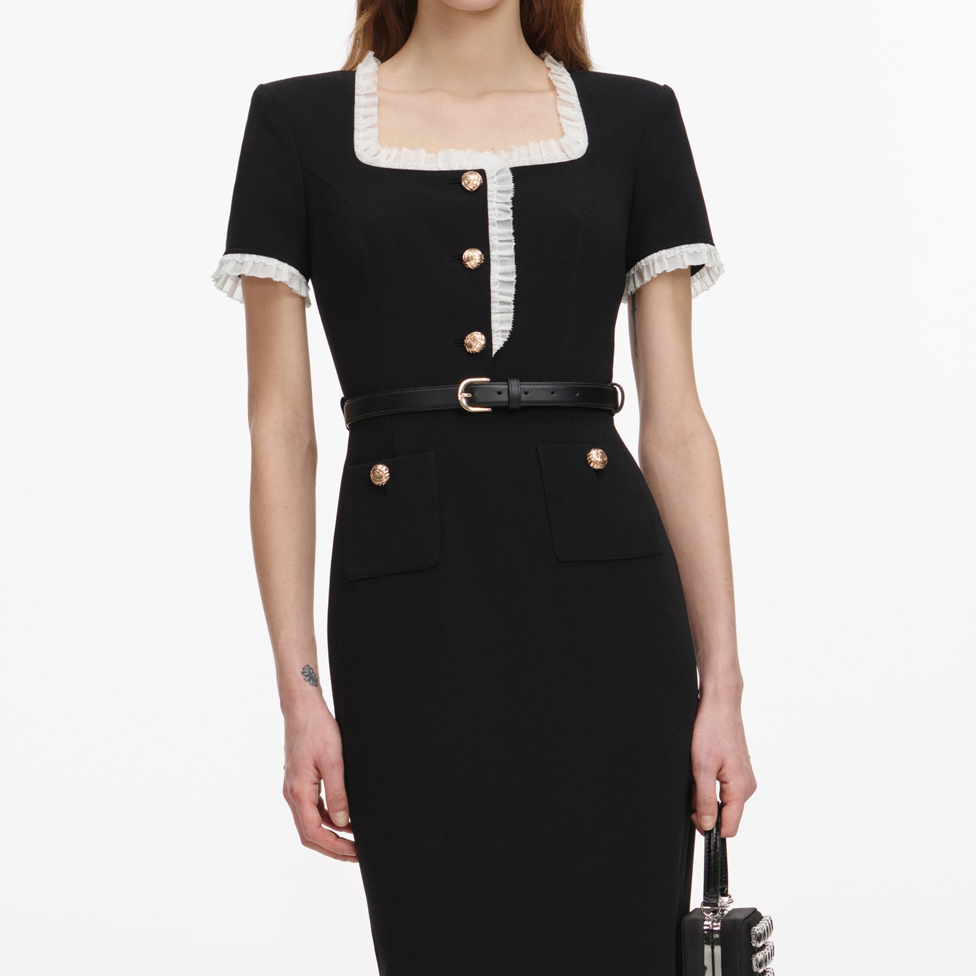 Black Crepe Contrast Frill Midi Dress