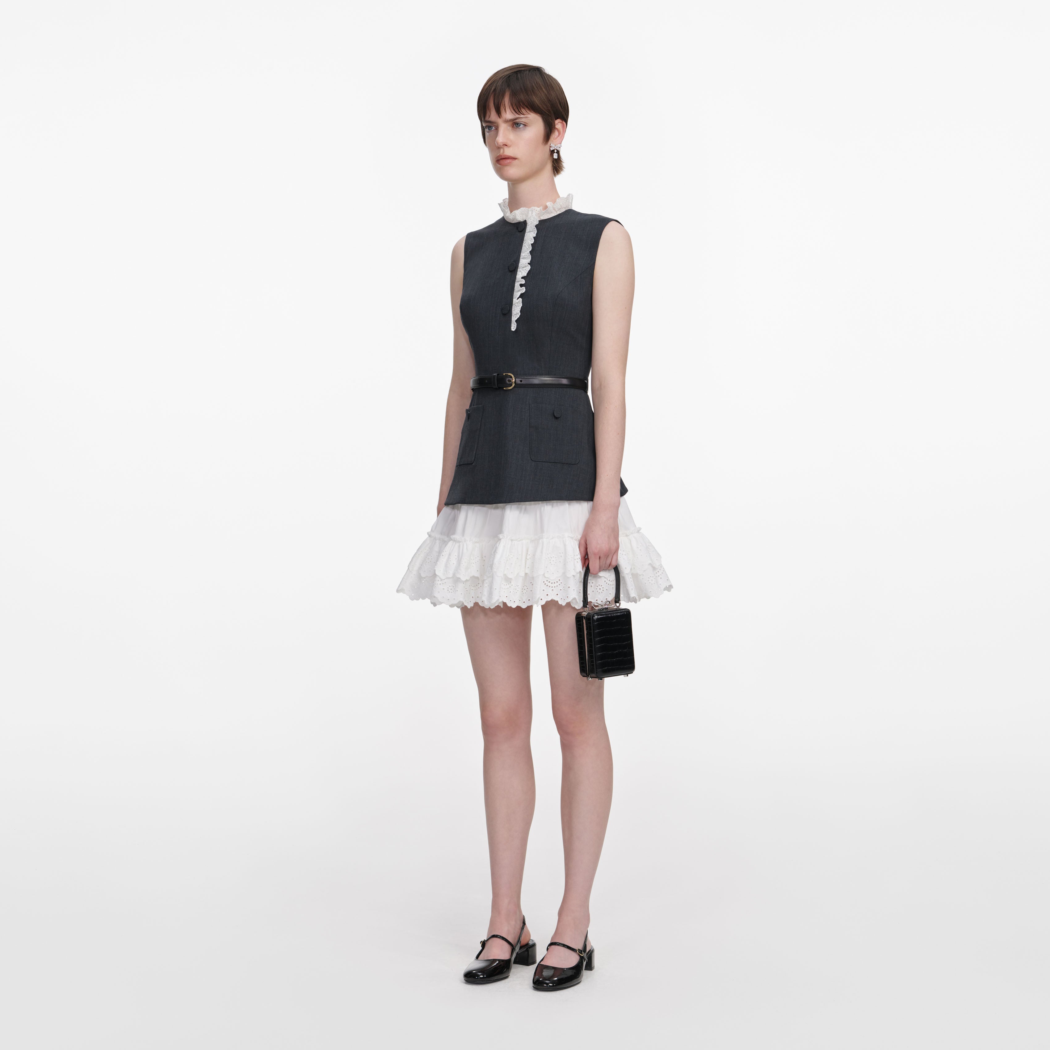 Grey Tailored Cotton Frill Mini Dress