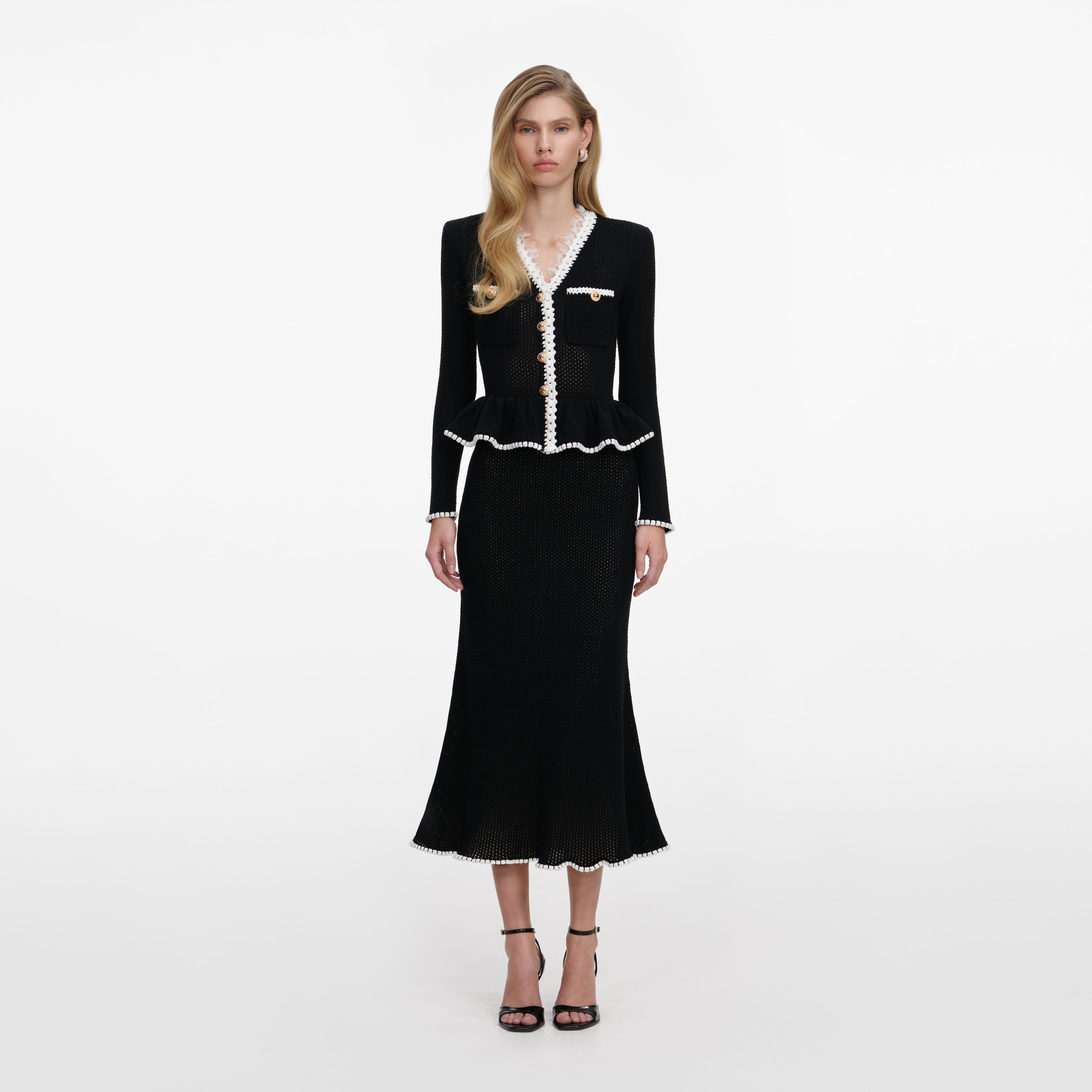 Black Lace Insert Peplum Knit Midi Dress