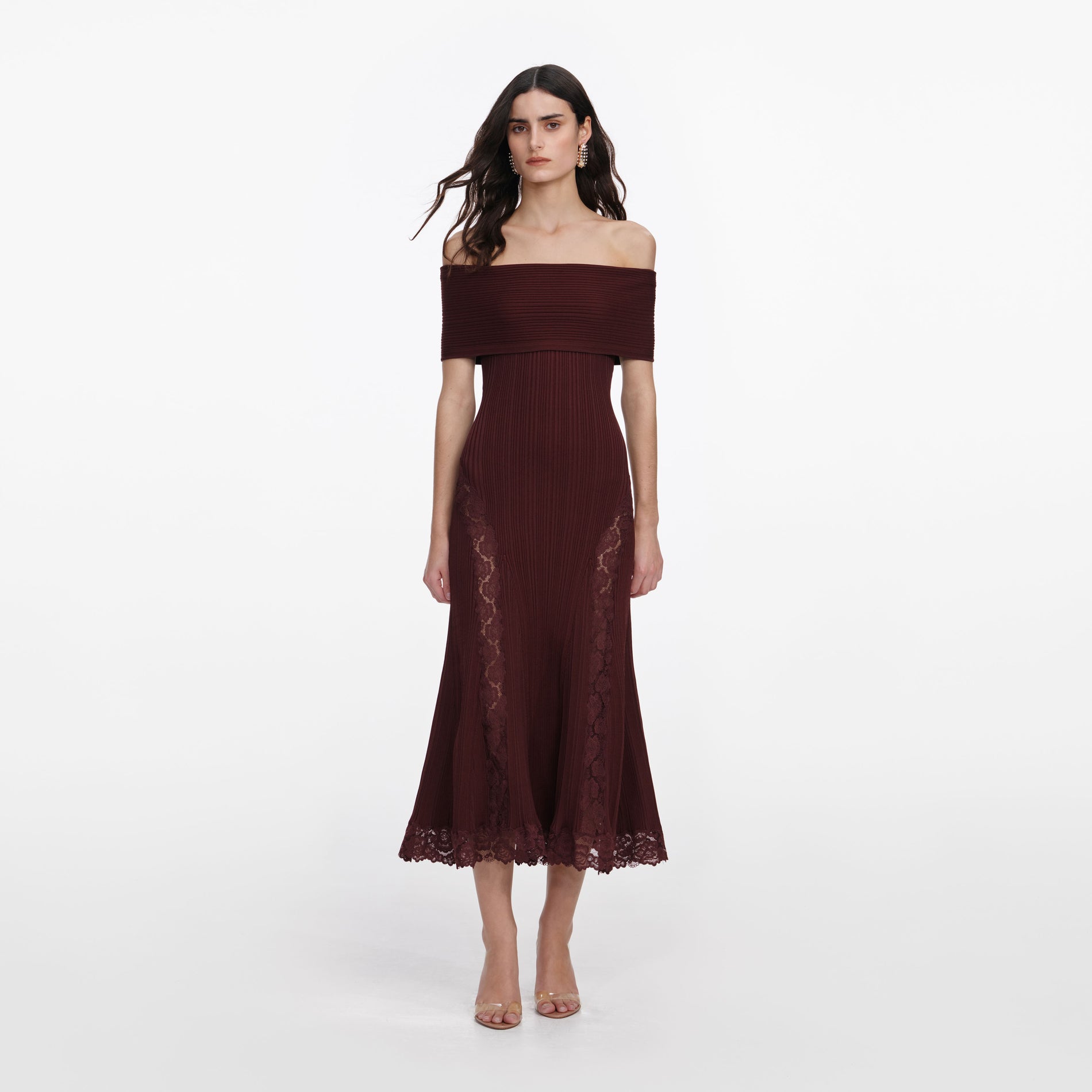 Front view of a woman wearing the Burgundy Knit Lace Insert Midi Dress