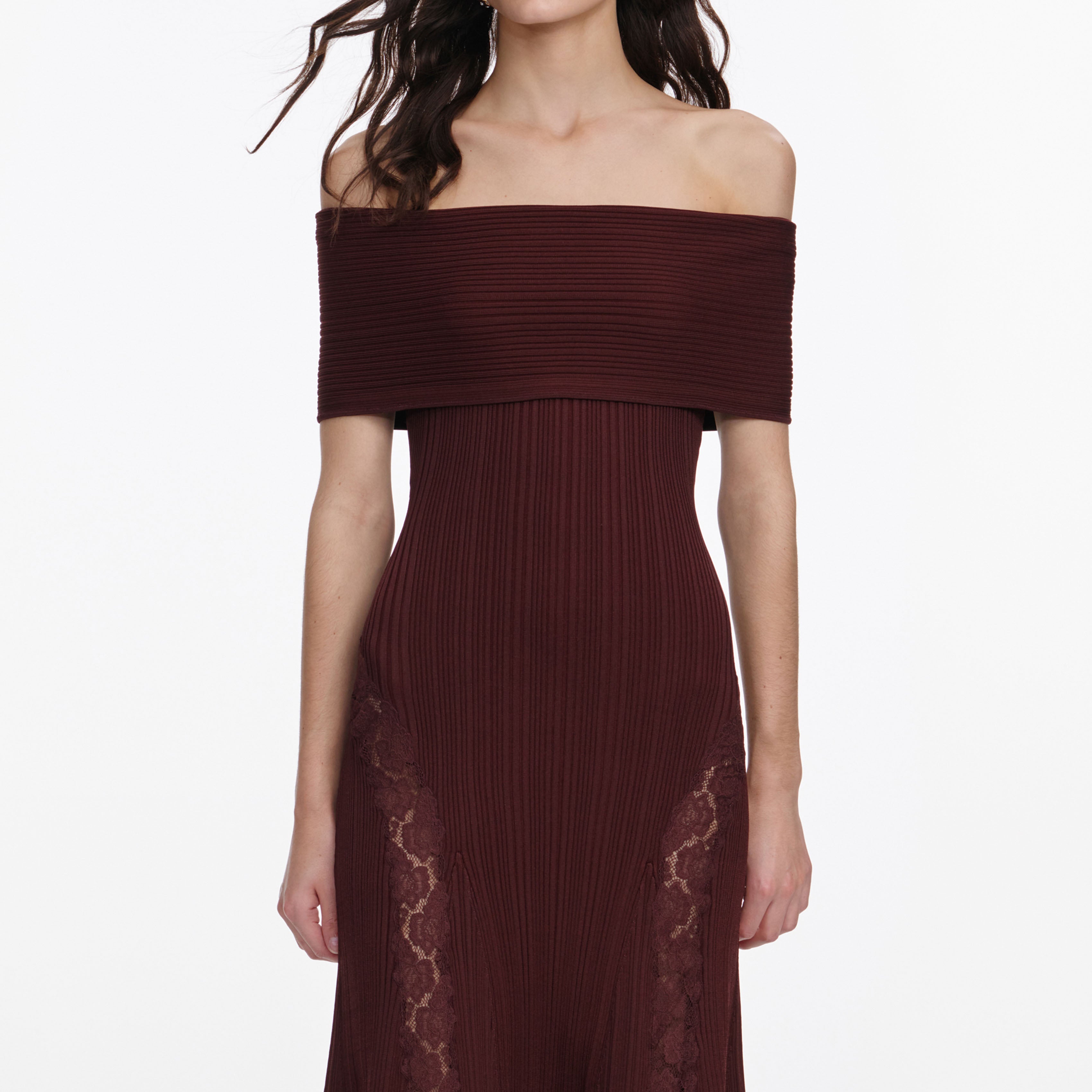 Burgundy Knit Lace Insert Midi Dress