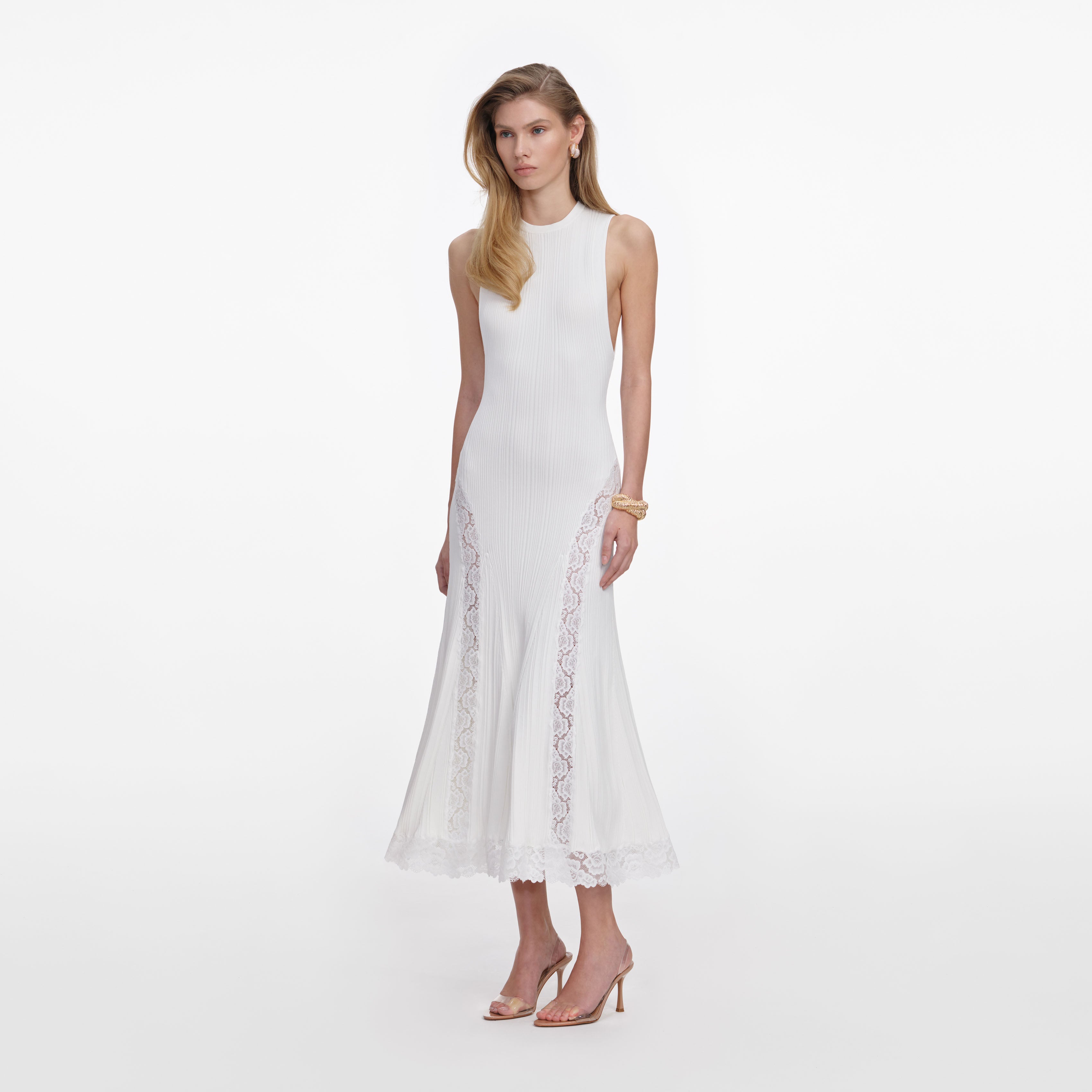 White Knit Lace Insert Midi Dress