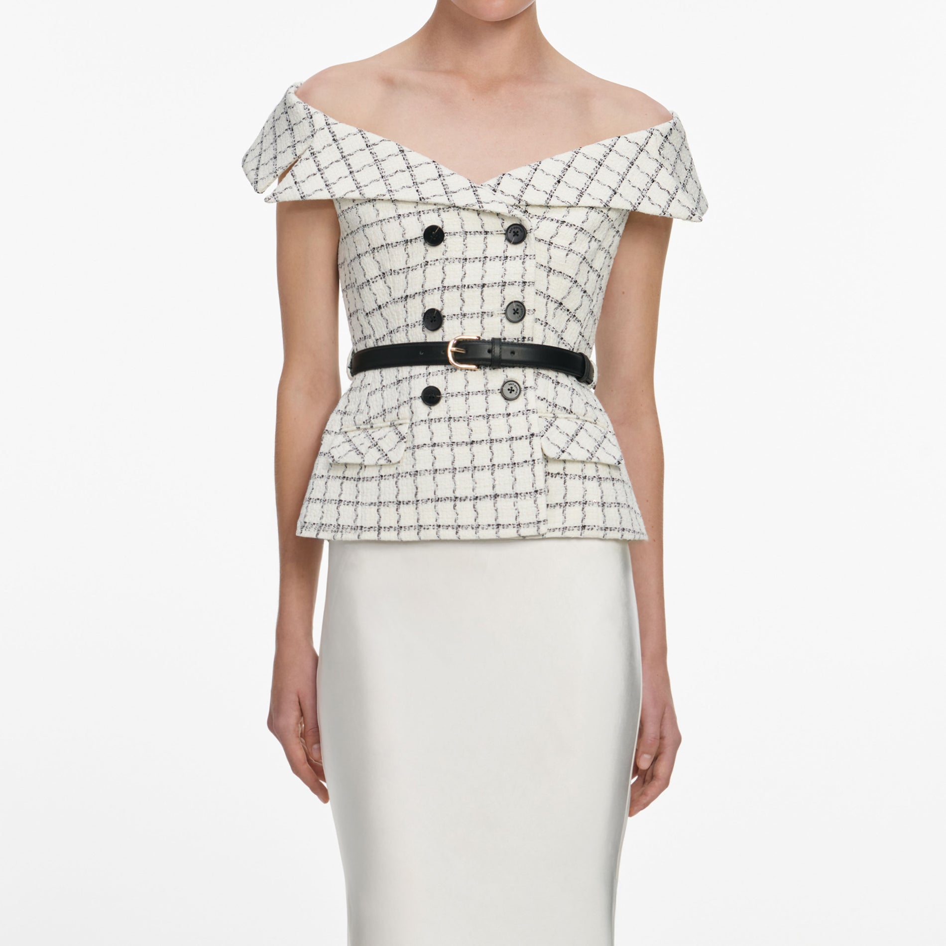 A close up of a woman wearing the Check Boucle Satin Maxi Dress