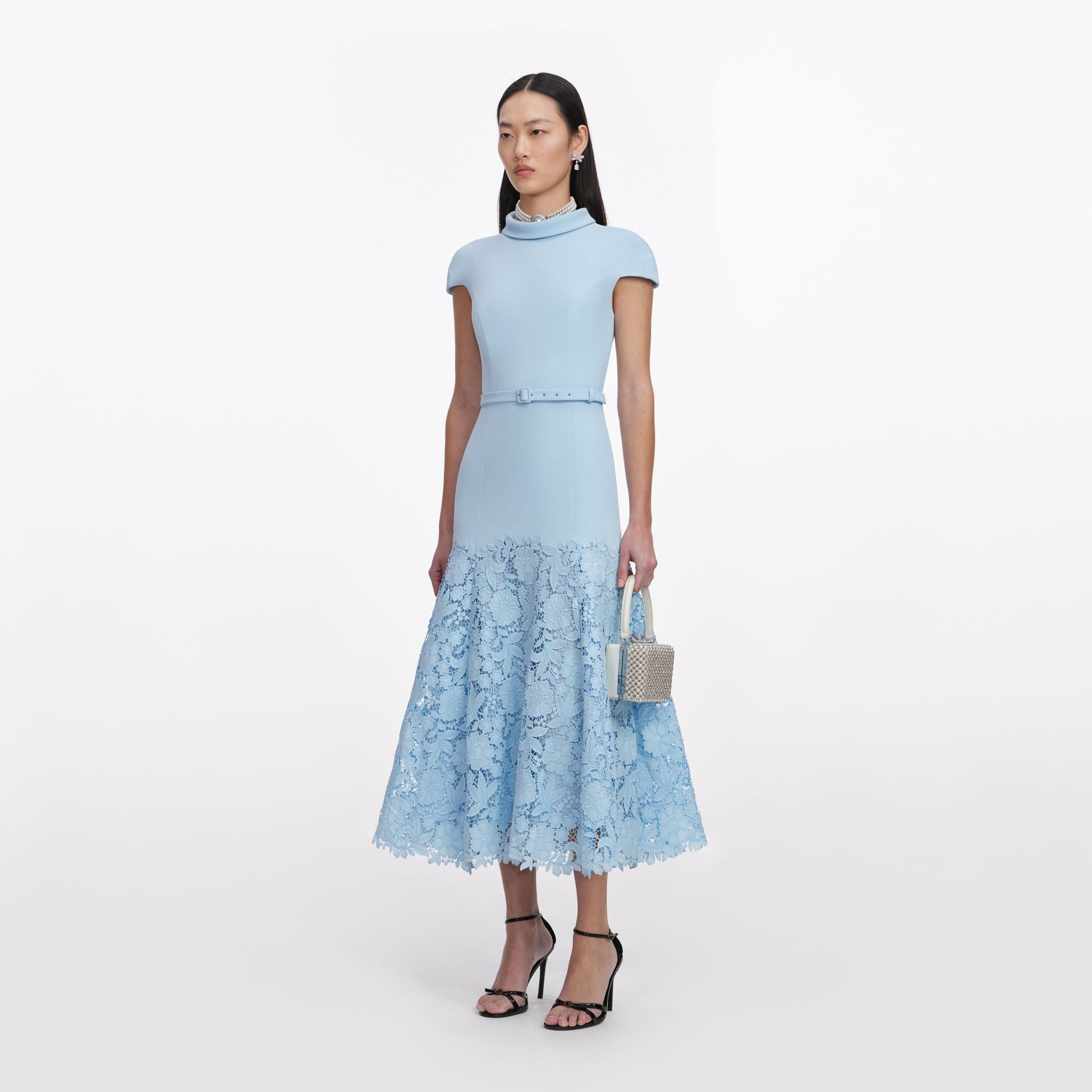 Blue Crepe Lace Midi Dress