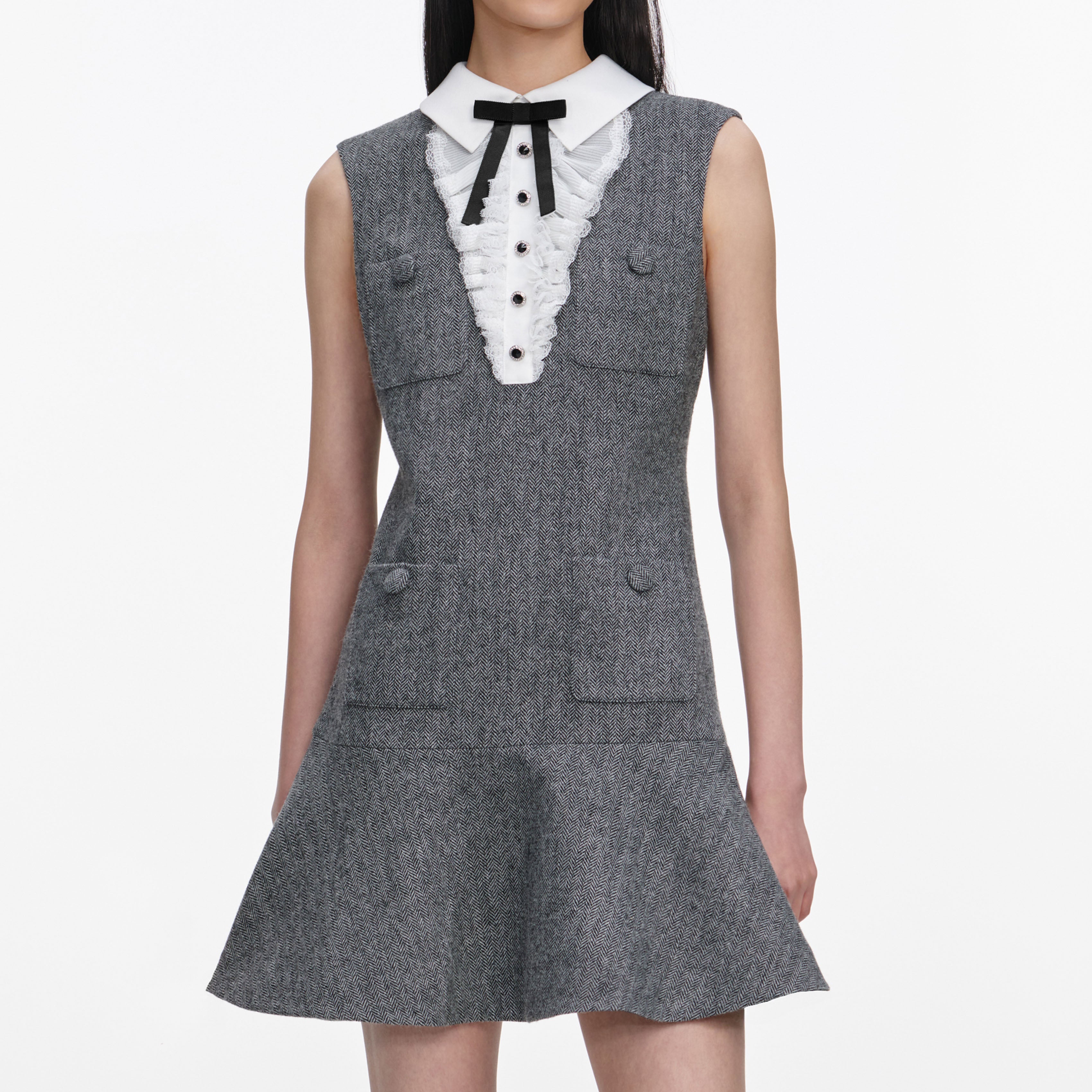 Grey Herringbone Lace Bib Mini Dress – self-portrait