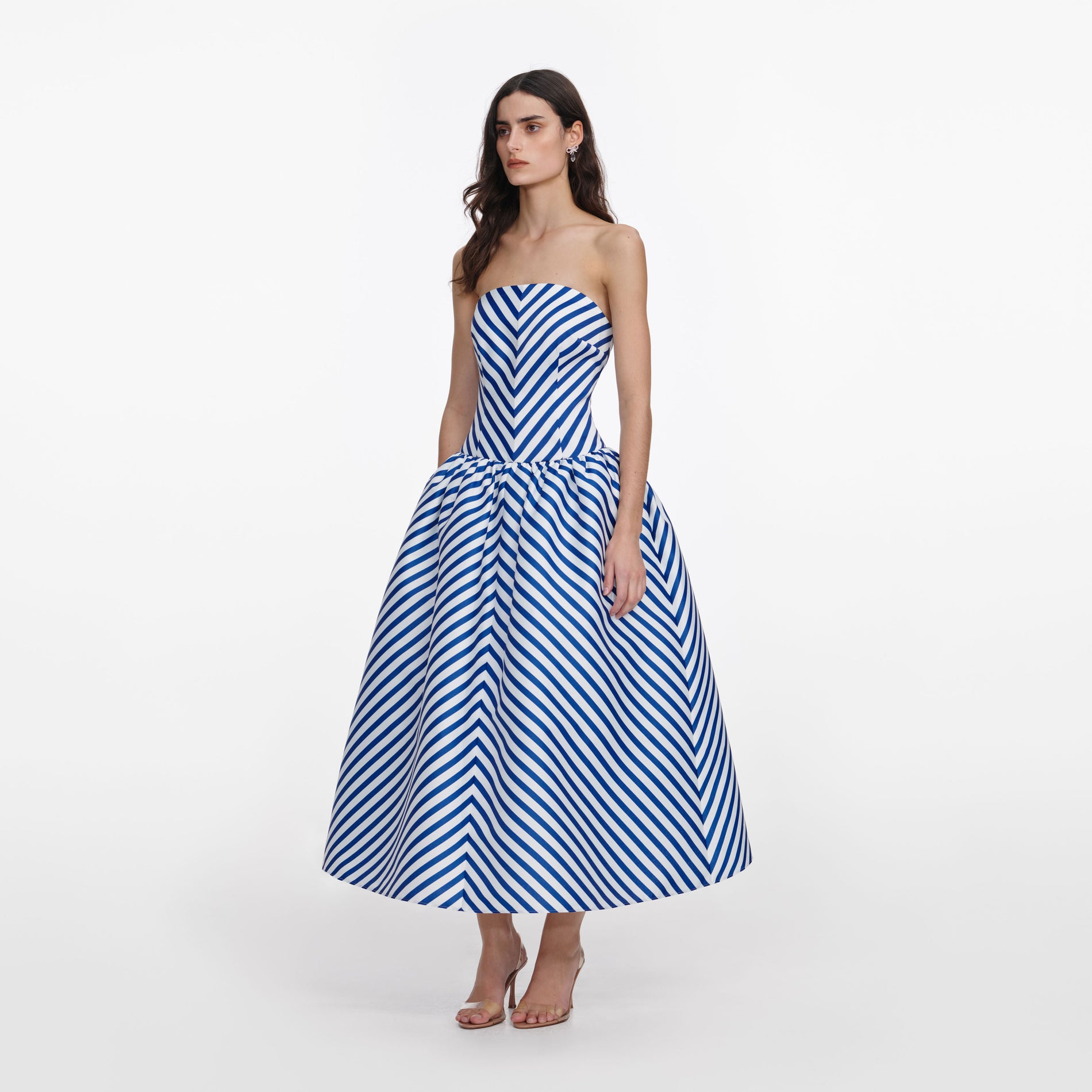 Navy Stripe Taffeta Midi Dress