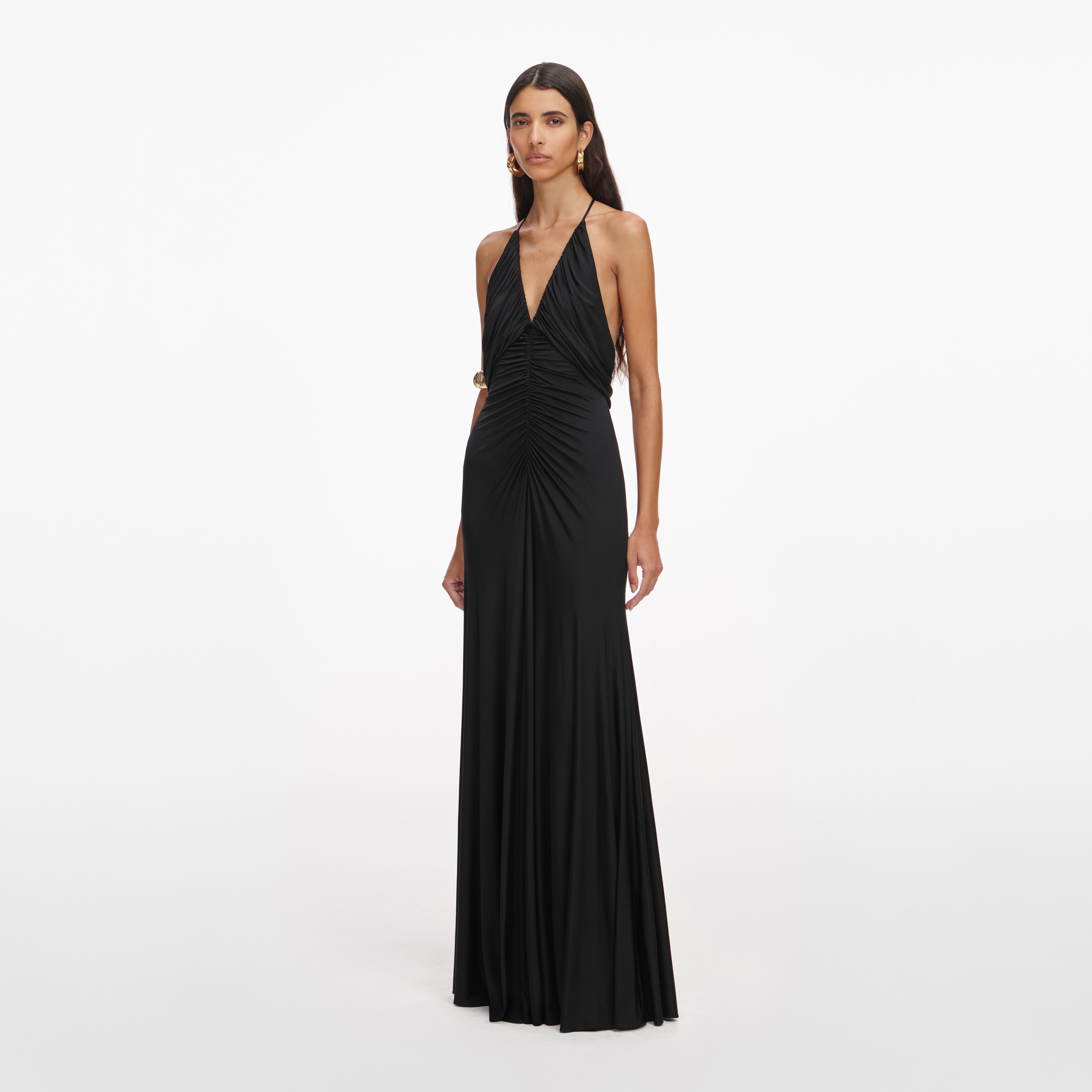Black Jersey Gathered Maxi Dress
