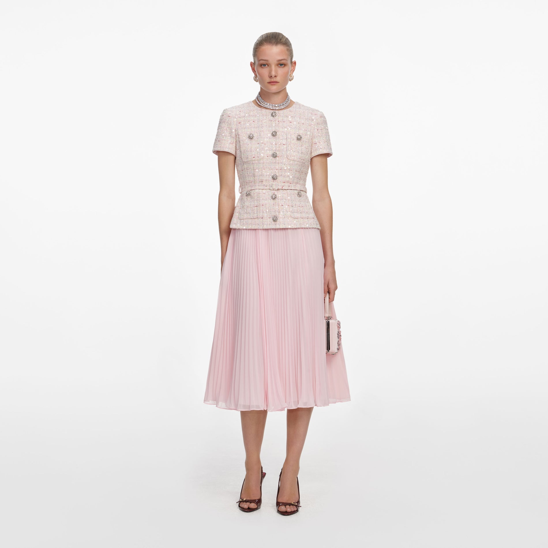 Pink Sequin Boucle Tailored Midi Dress