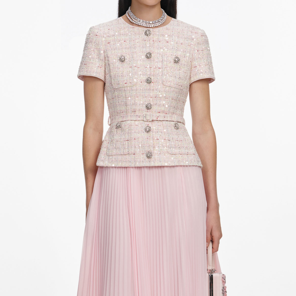 Pink Sequin Boucle Tailored Midi Dress – self-portrait