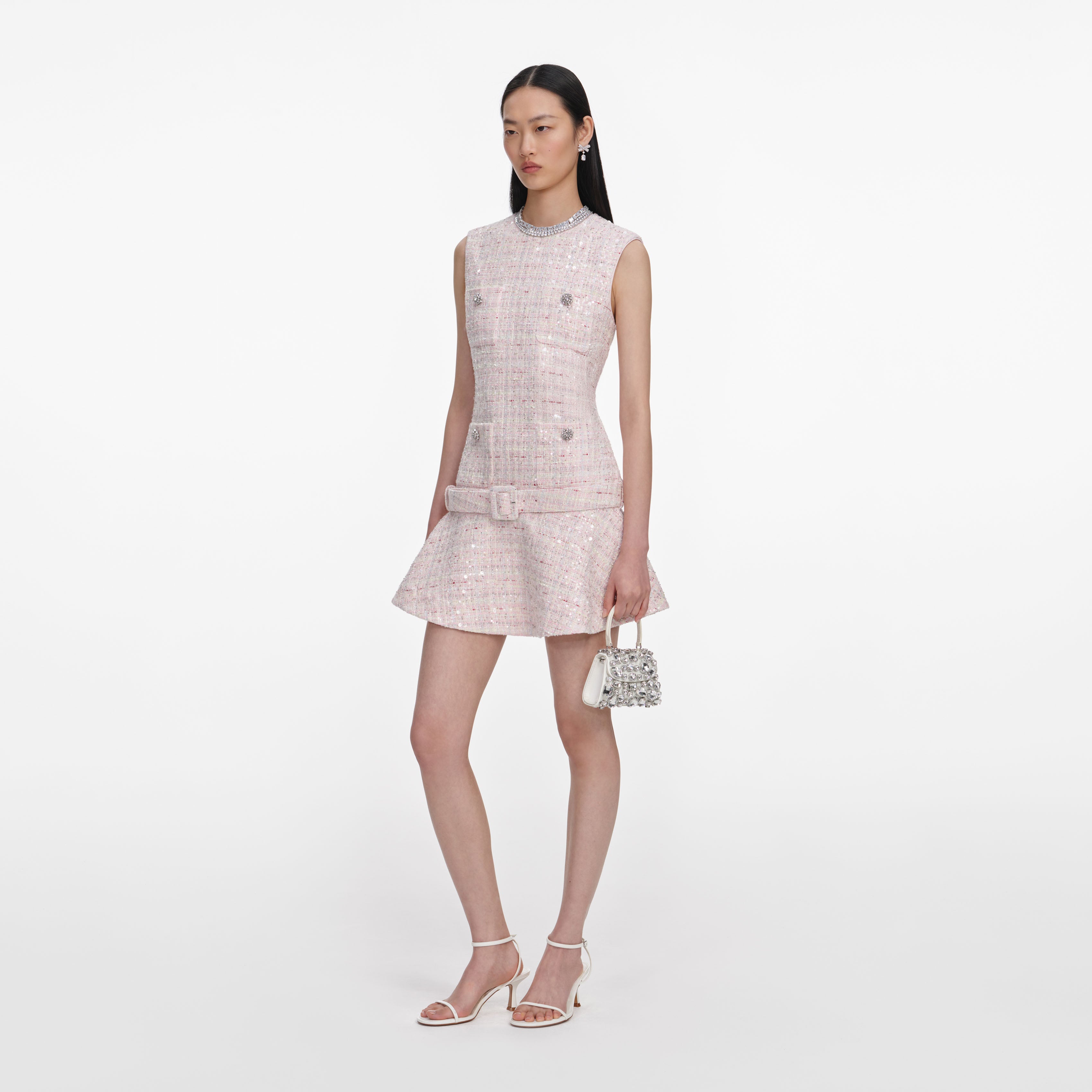 Pink Sequin Boucle Belted Mini Dress