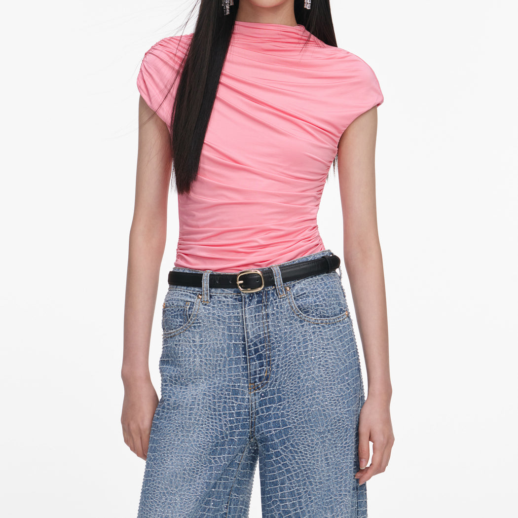A close up of a woman wearing the Pink Jersey Gathered Top