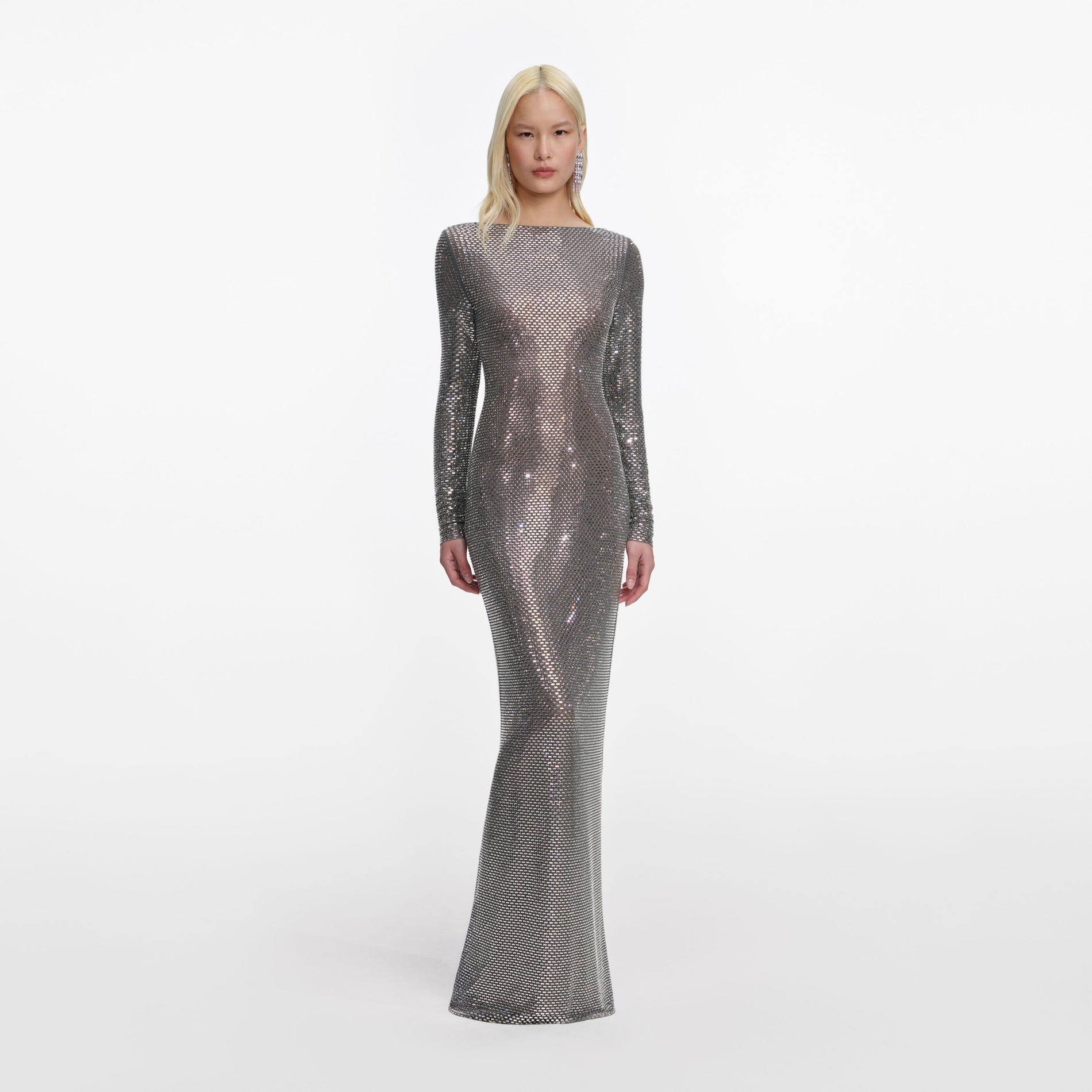 Grey Rhinestone Long Sleeve Maxi Dress