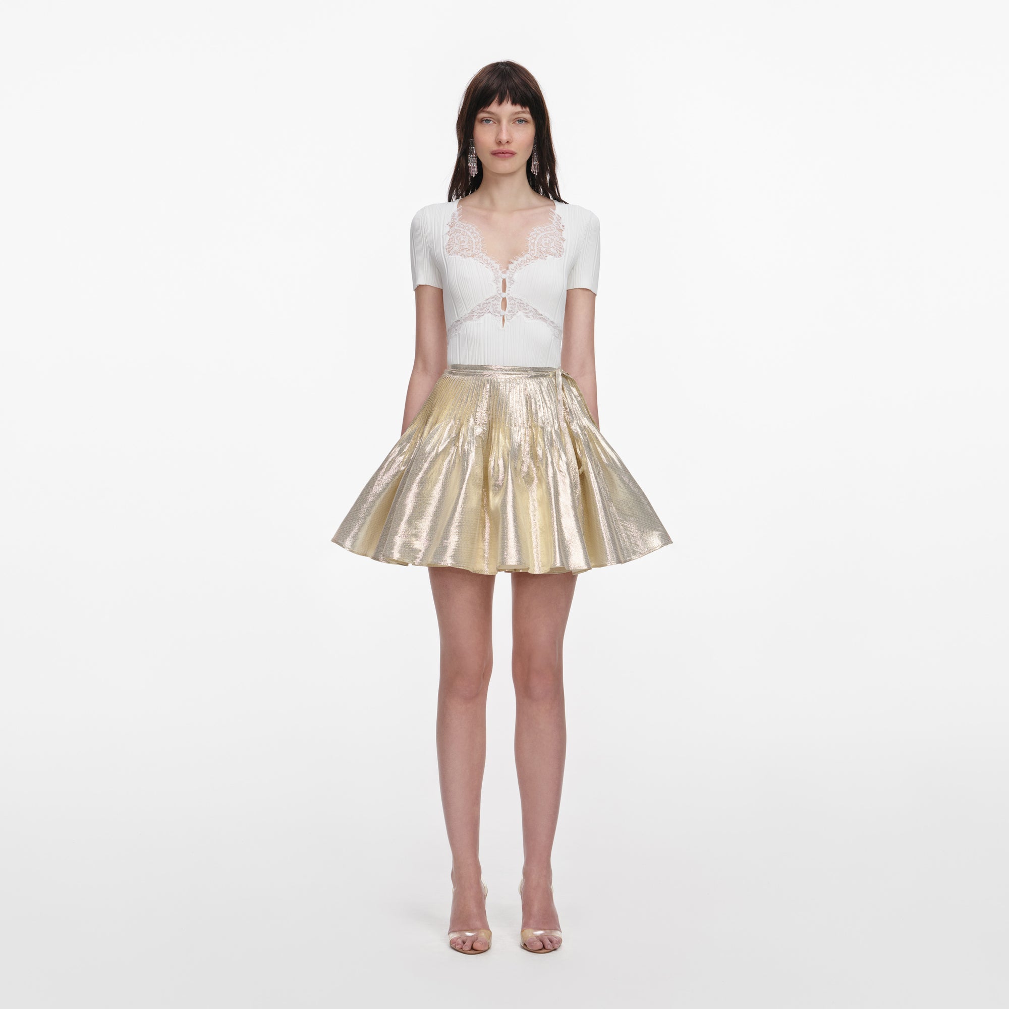 Front view of a woman wearing the White Lace Trim Knit Top