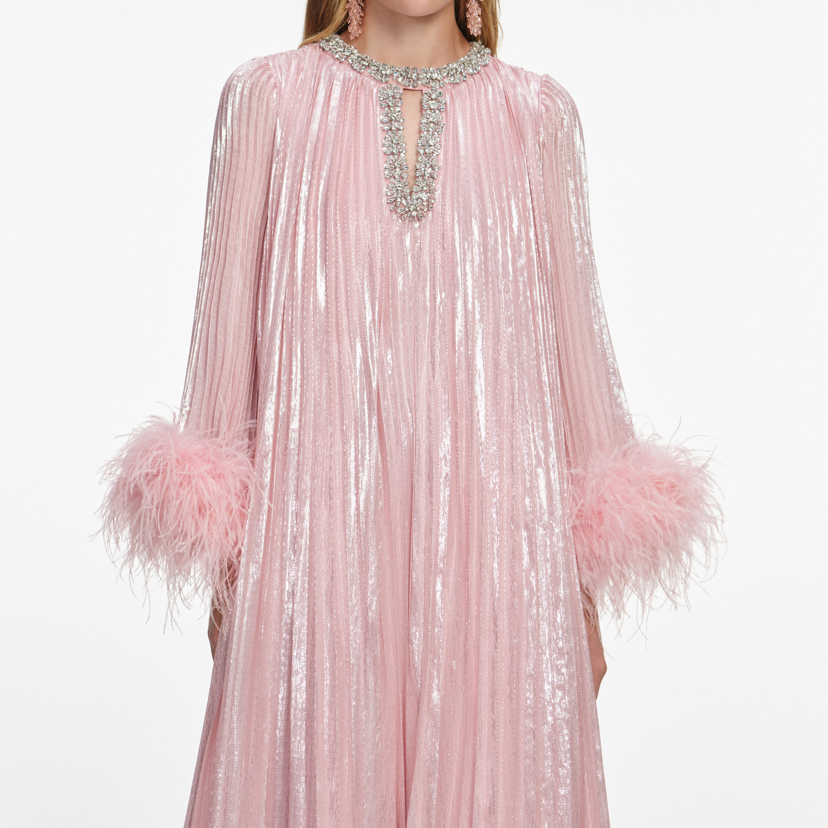 Pink Metallic Chiffon Feather Midi Dress