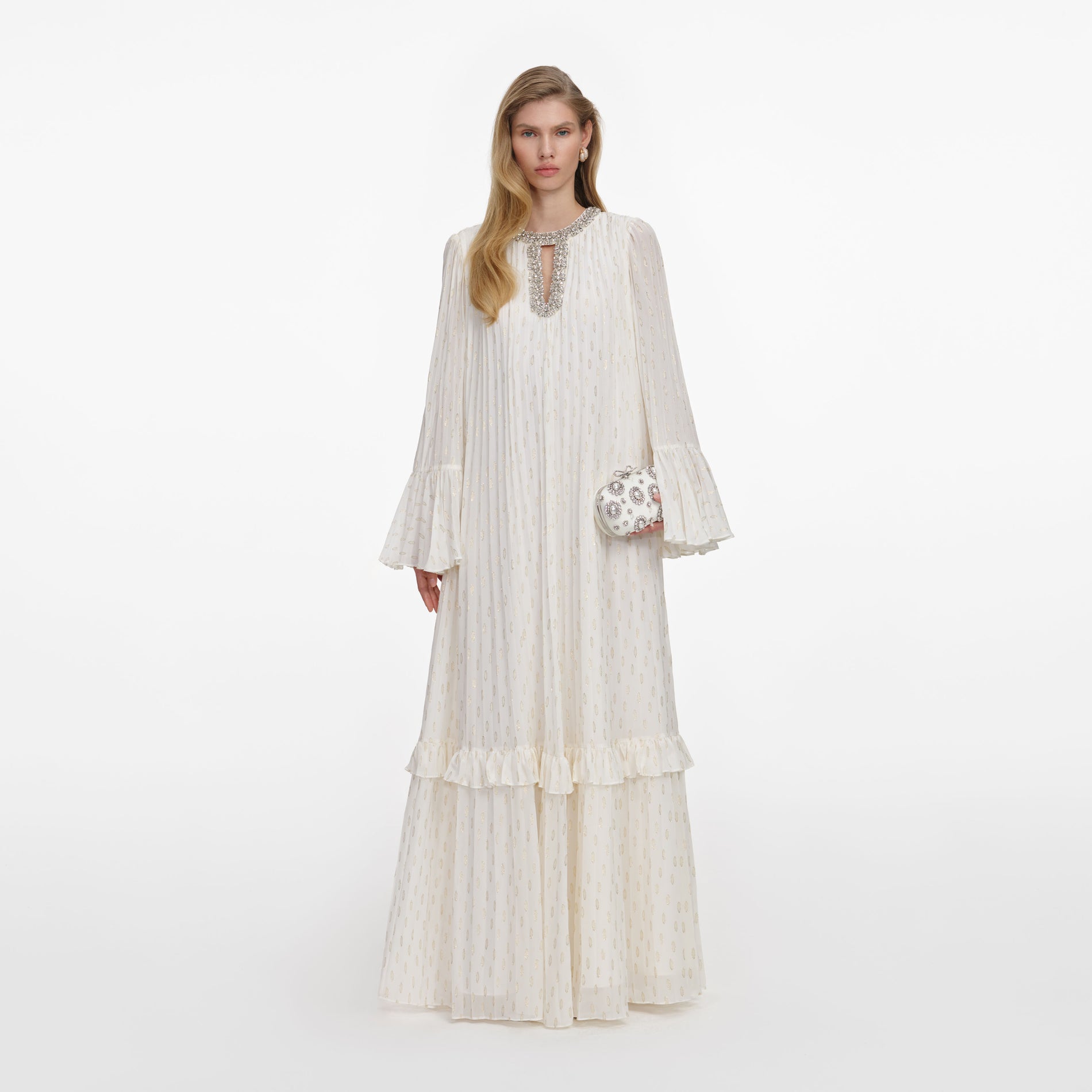 Front view of a woman wearing the Cream And Gold Chiffon Maxi Dress