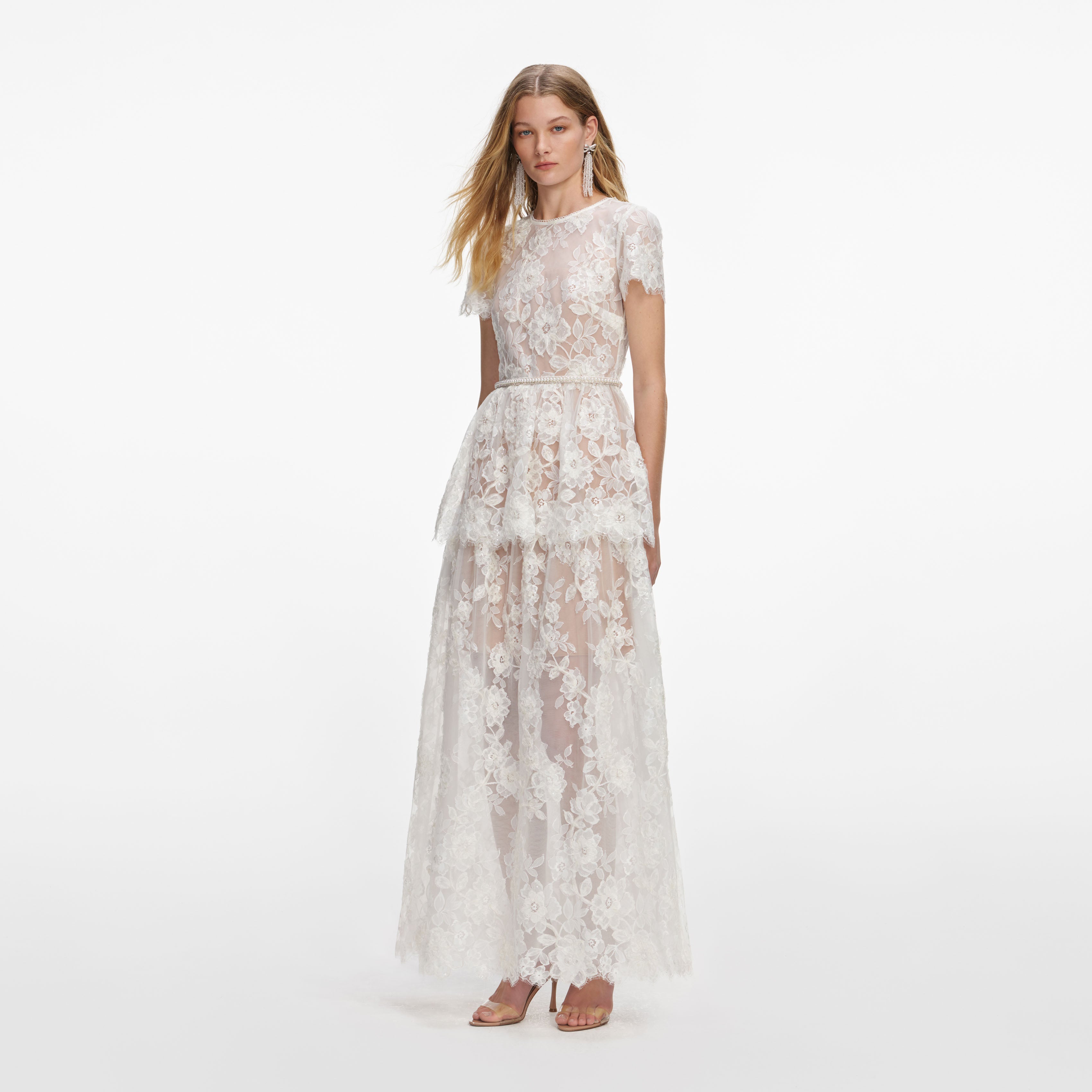 White Sequin Lace Tiered Maxi Dress – self-portrait