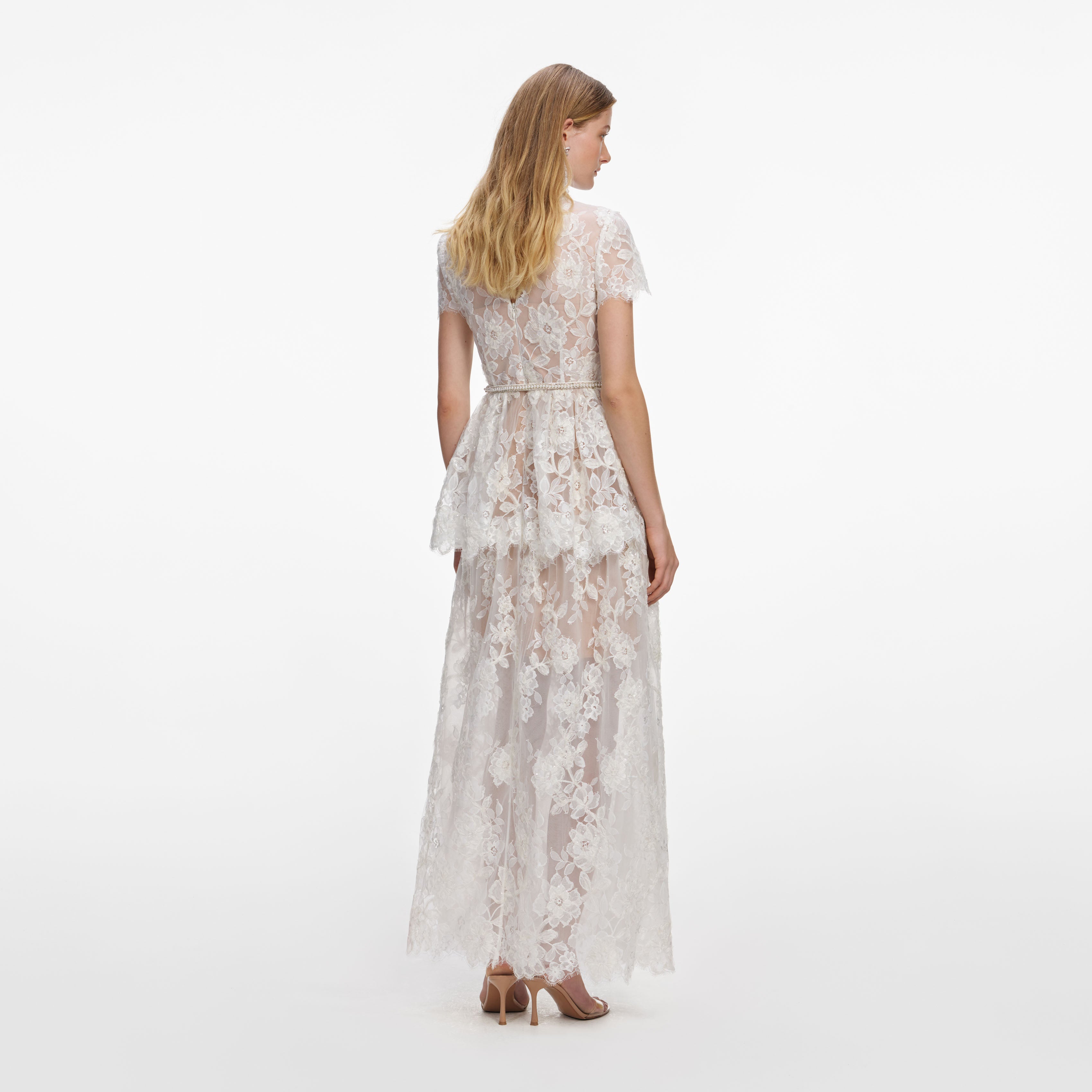 White Sequin Lace Tiered Maxi Dress – self-portrait