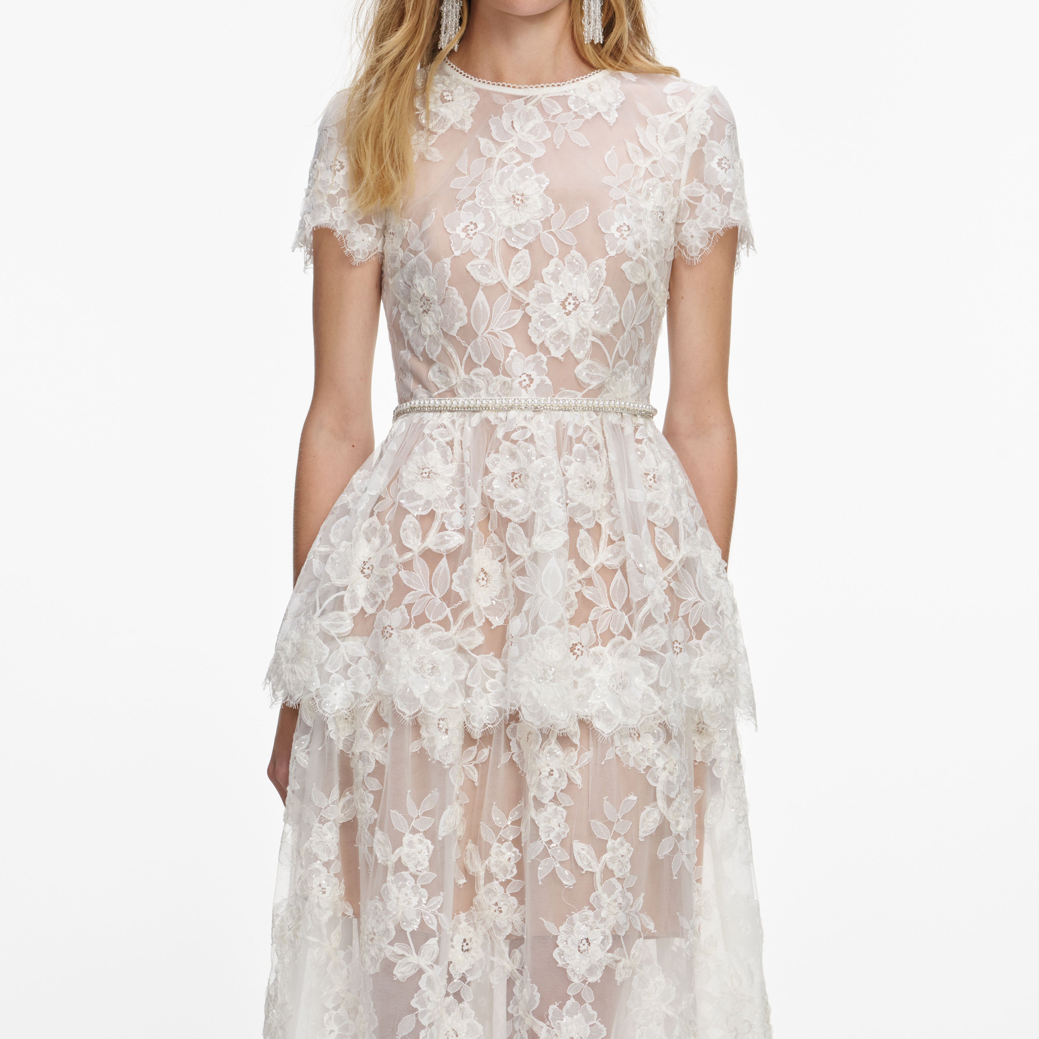 White Sequin Lace Tiered Maxi Dress – self-portrait