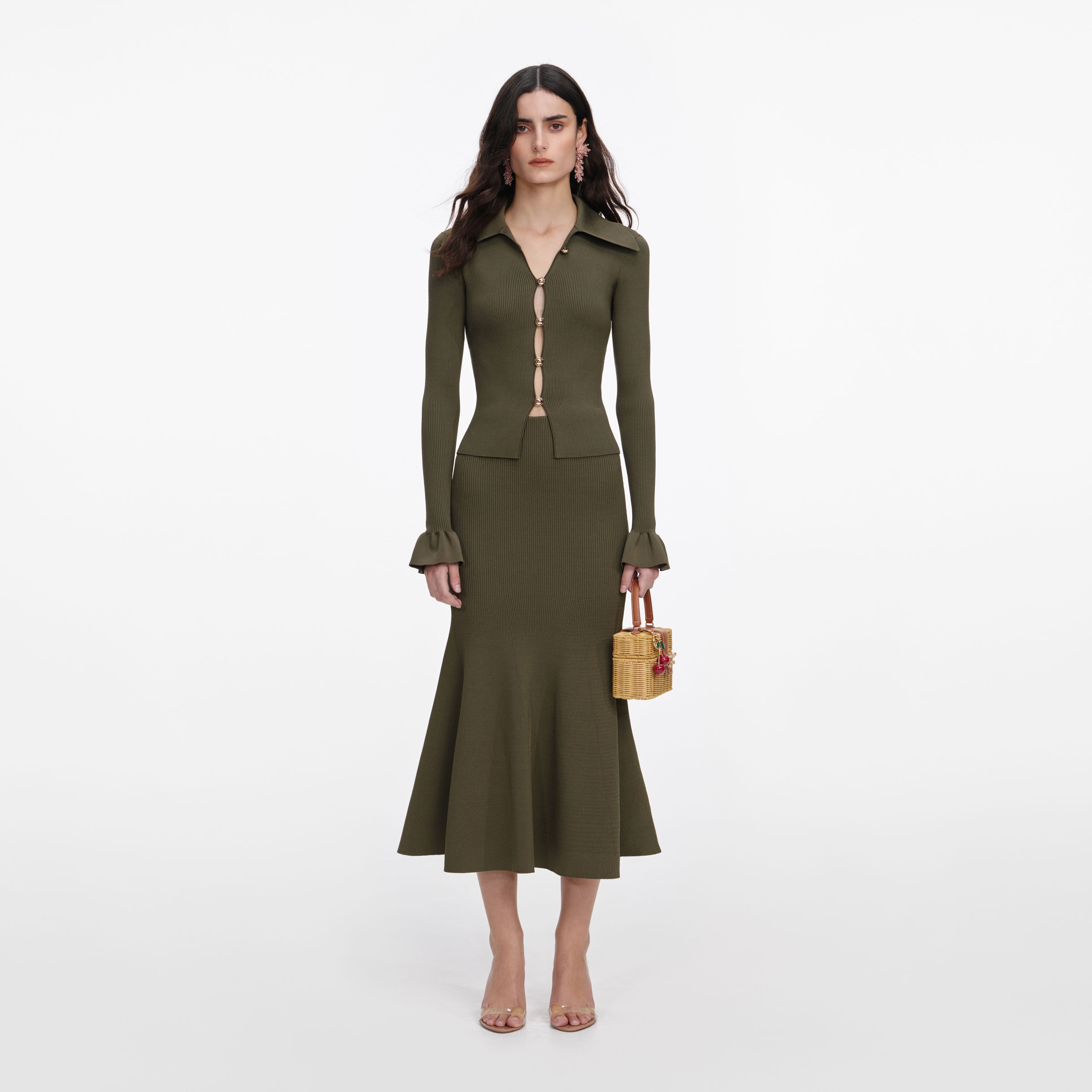 Khaki Knit Midi Skirt