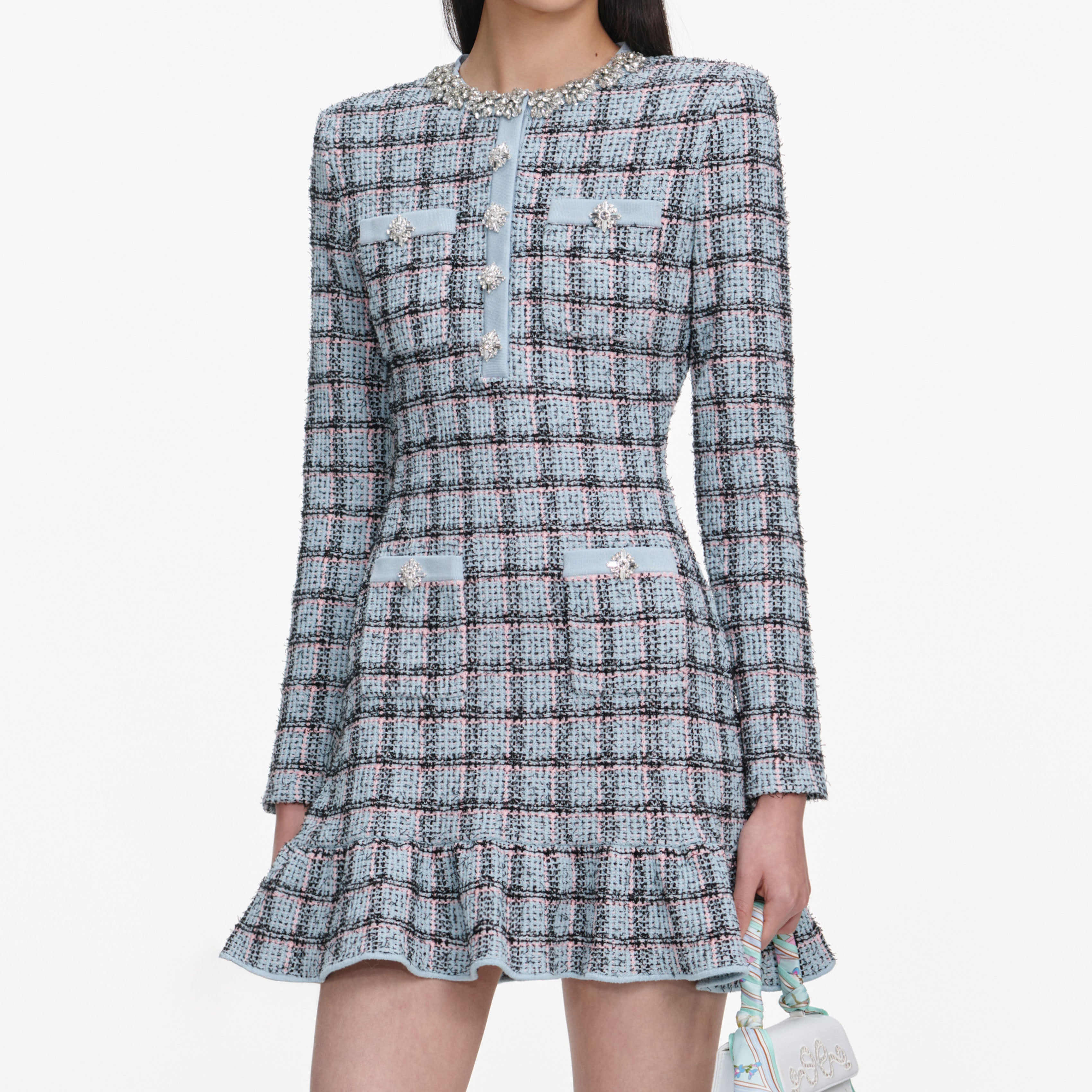 Blue Check Knit Mini Dress – self-portrait