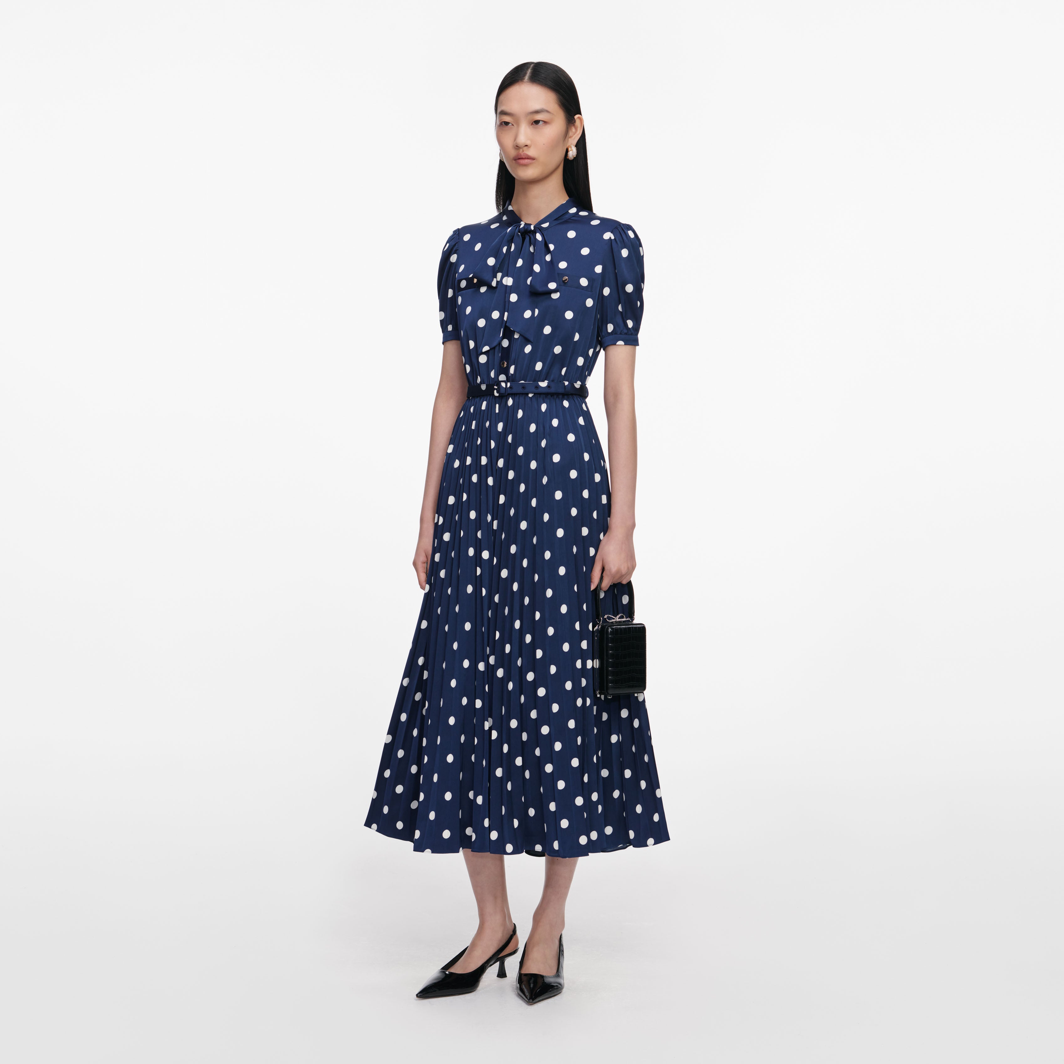 Navy Polka Dot Satin Midi Dress