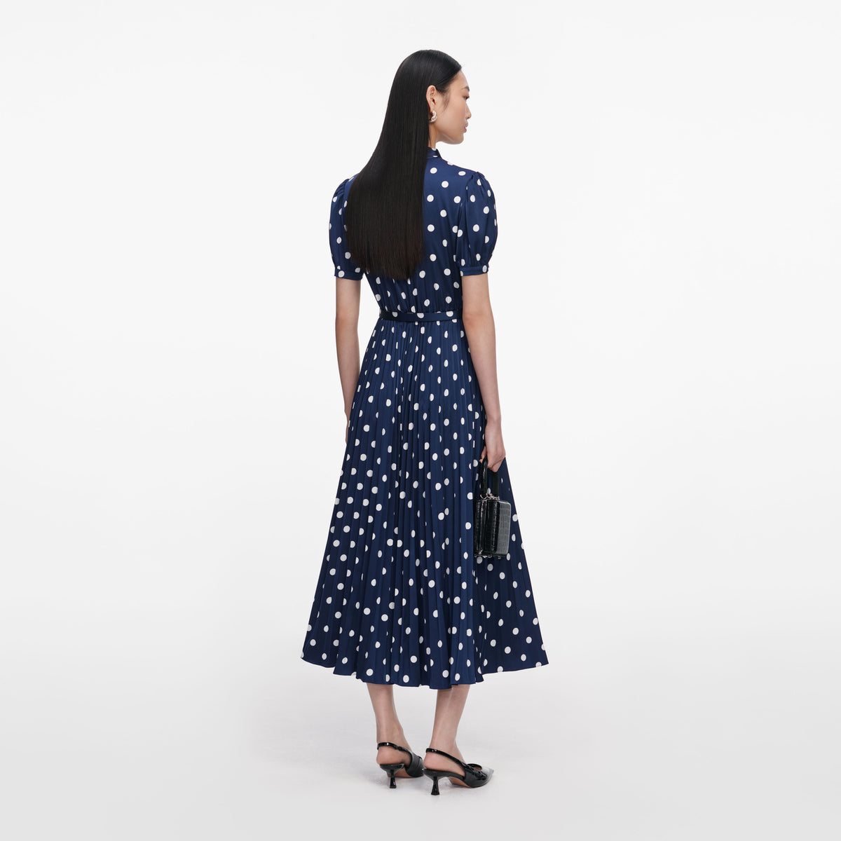 Navy Polka Dot Satin Midi Dress – self-portrait