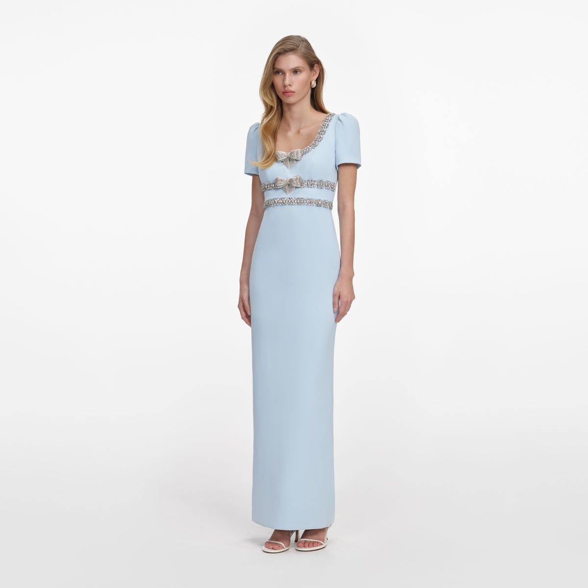 Blue Crepe Embellished Bow Maxi Dress – self-portrait