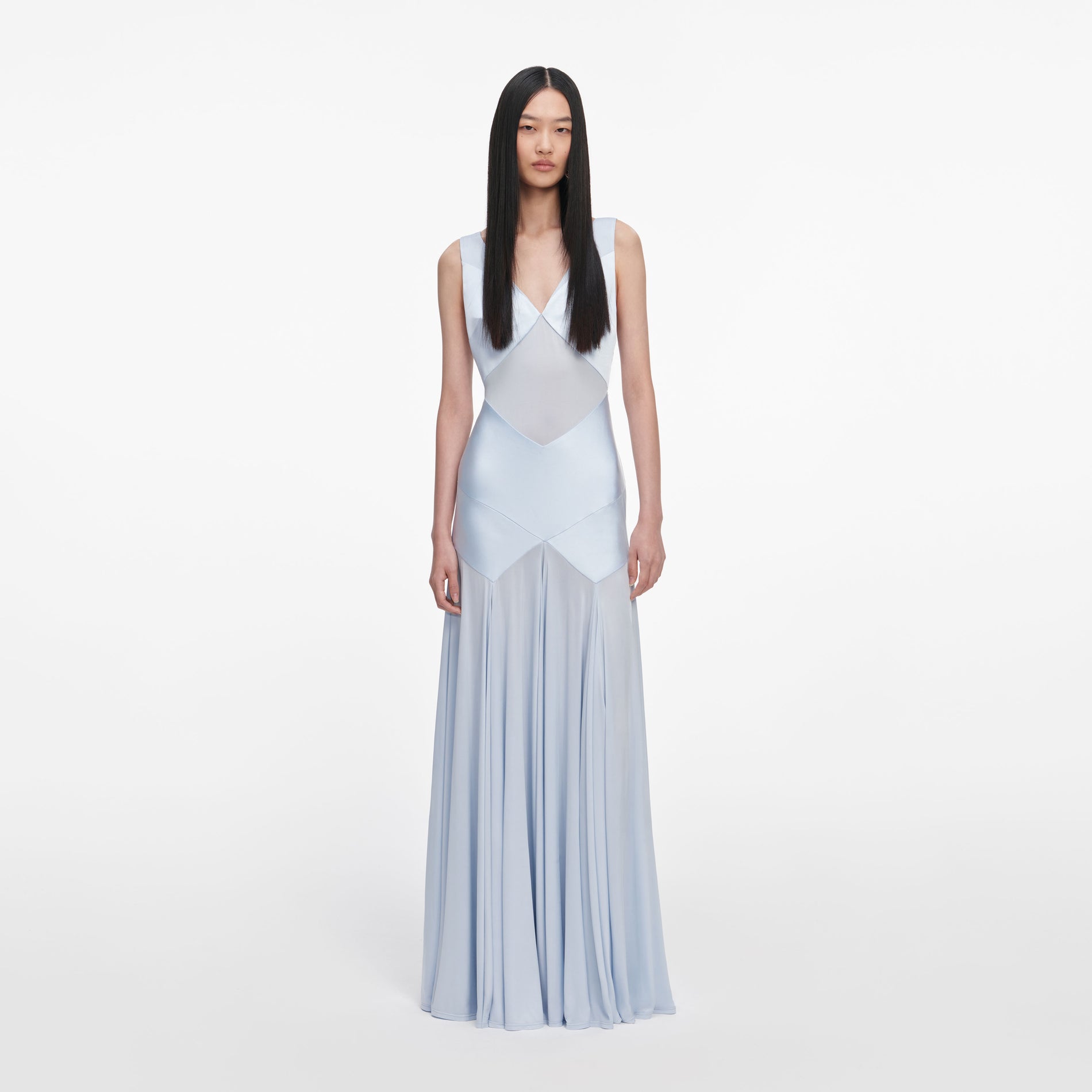 Front view of a woman wearing the Blue Satin Jersey Maxi Dress