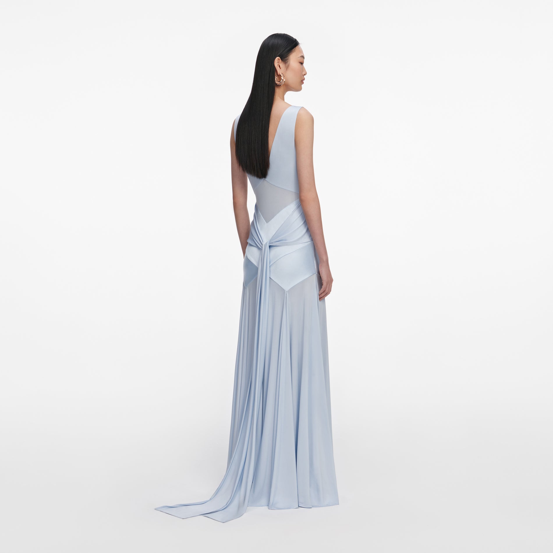 Back view of a woman wearing the Blue Satin Jersey Maxi Dress