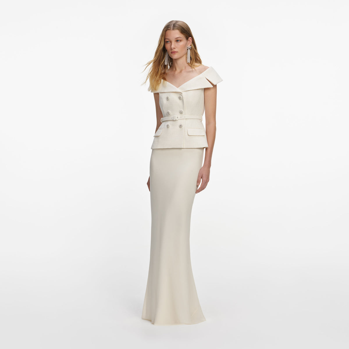 self portrait cream satin embellished bib maxi dress SELF-PORTRAIT BANGKOK | CREAM SATIN EMBELLISHED BIB MAXI DRESS