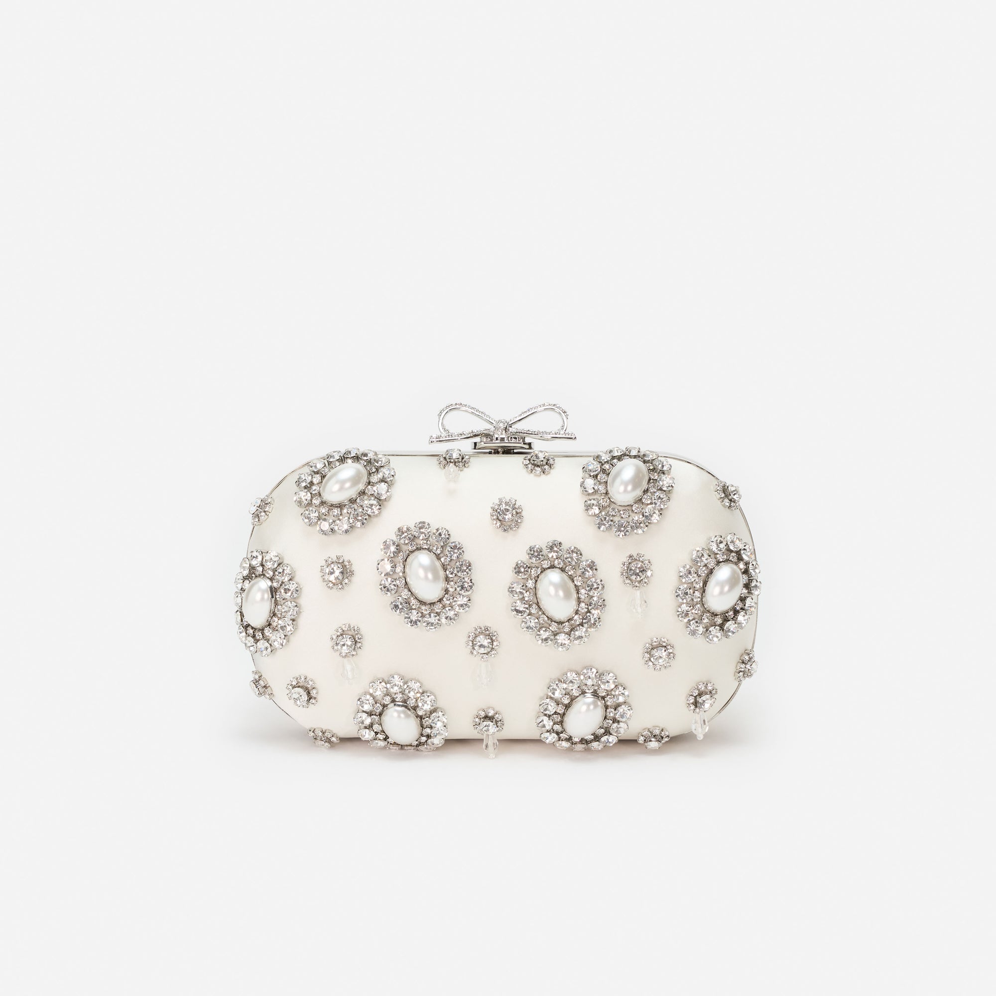 Cream Satin Multi Crystal Clutch Bag
