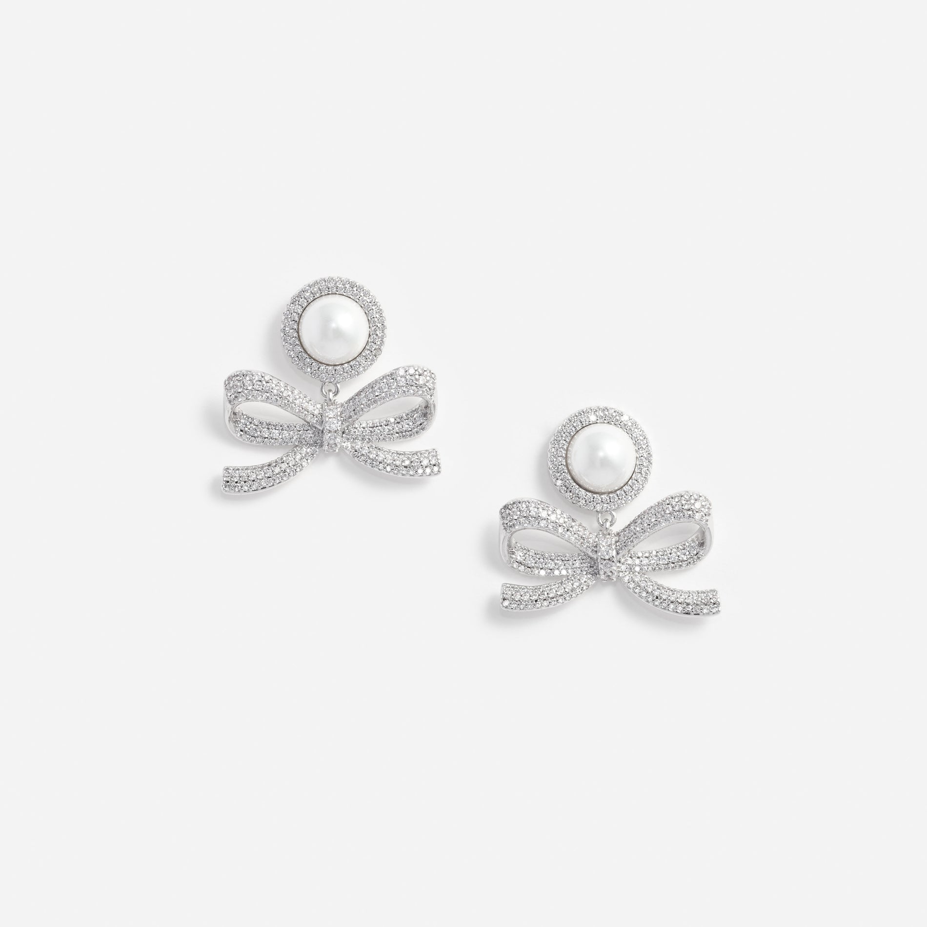 Silver Pearl Bow Drop Earrings