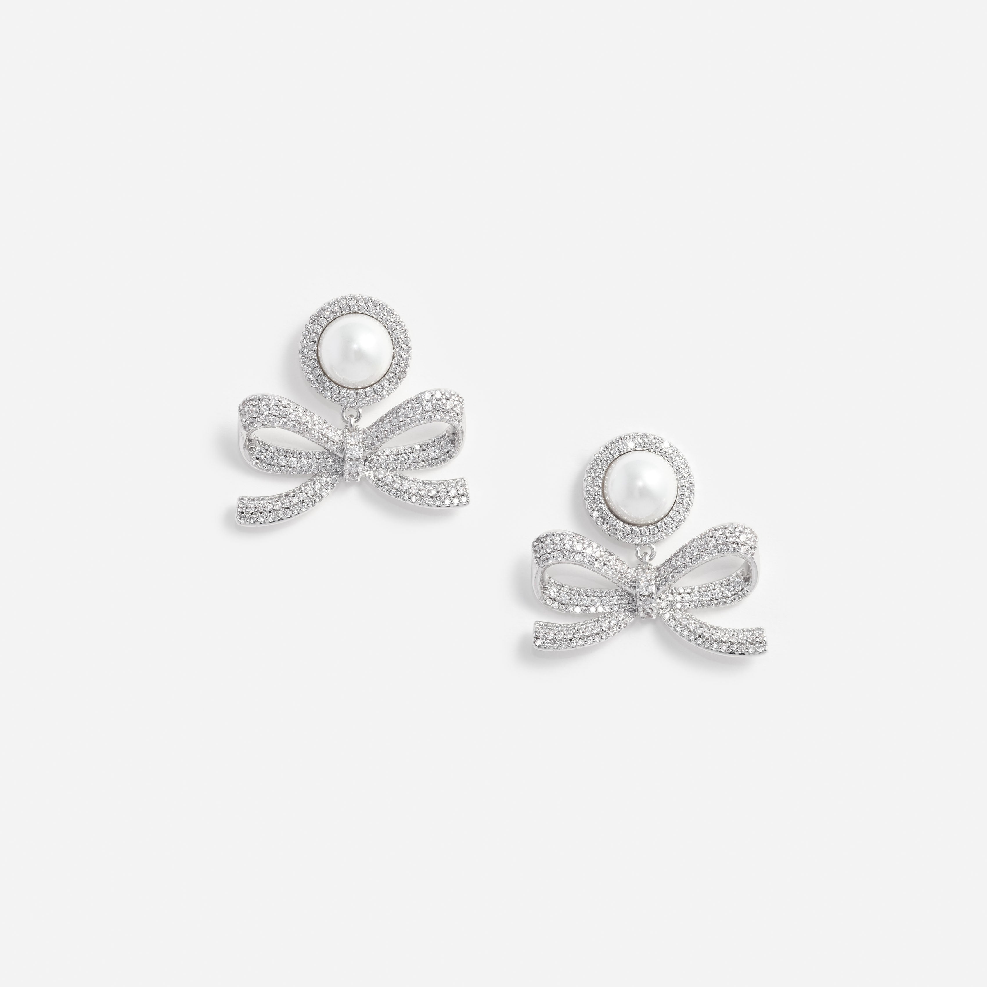 Silver Pearl Bow Drop Earrings