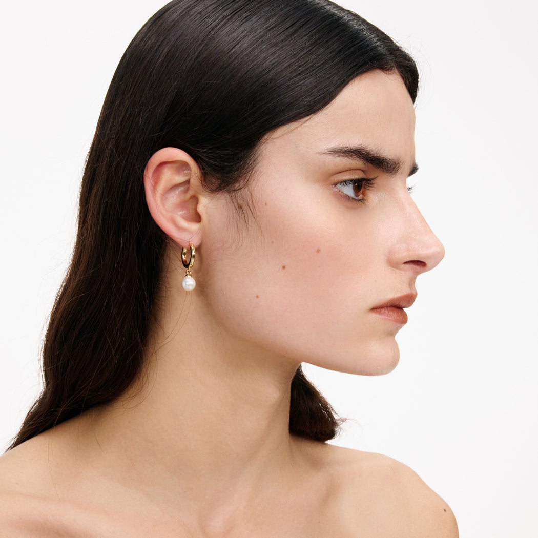 Gold Pearl Drop Hoop Earrings