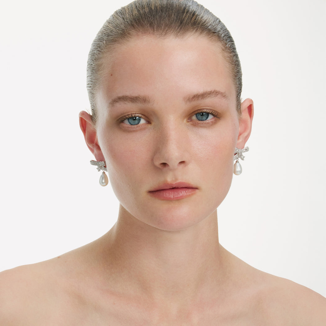 Crystal Bow Pearl Droplet Earrings