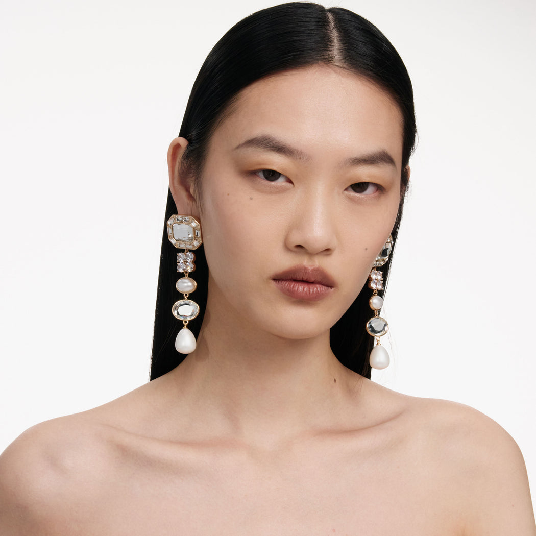Gold Crystal Pearl Tiered Earrings