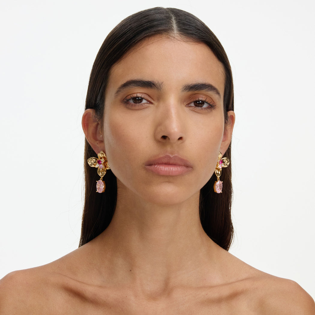 Gold Crystal Embellished Flower Earrings