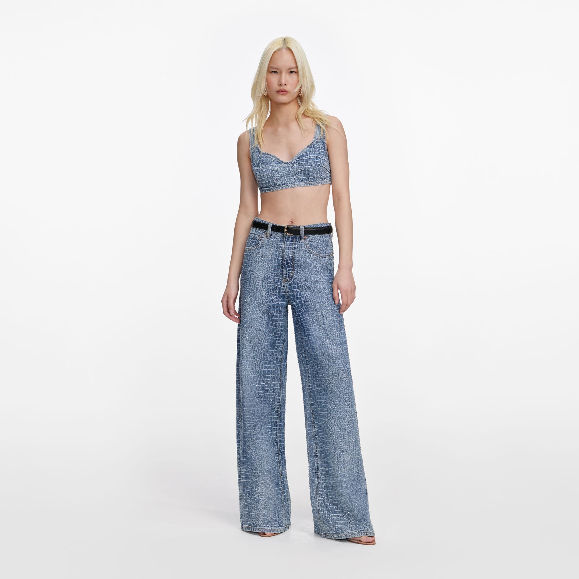 Rhinestone Croc Effect Wide Leg Jeans