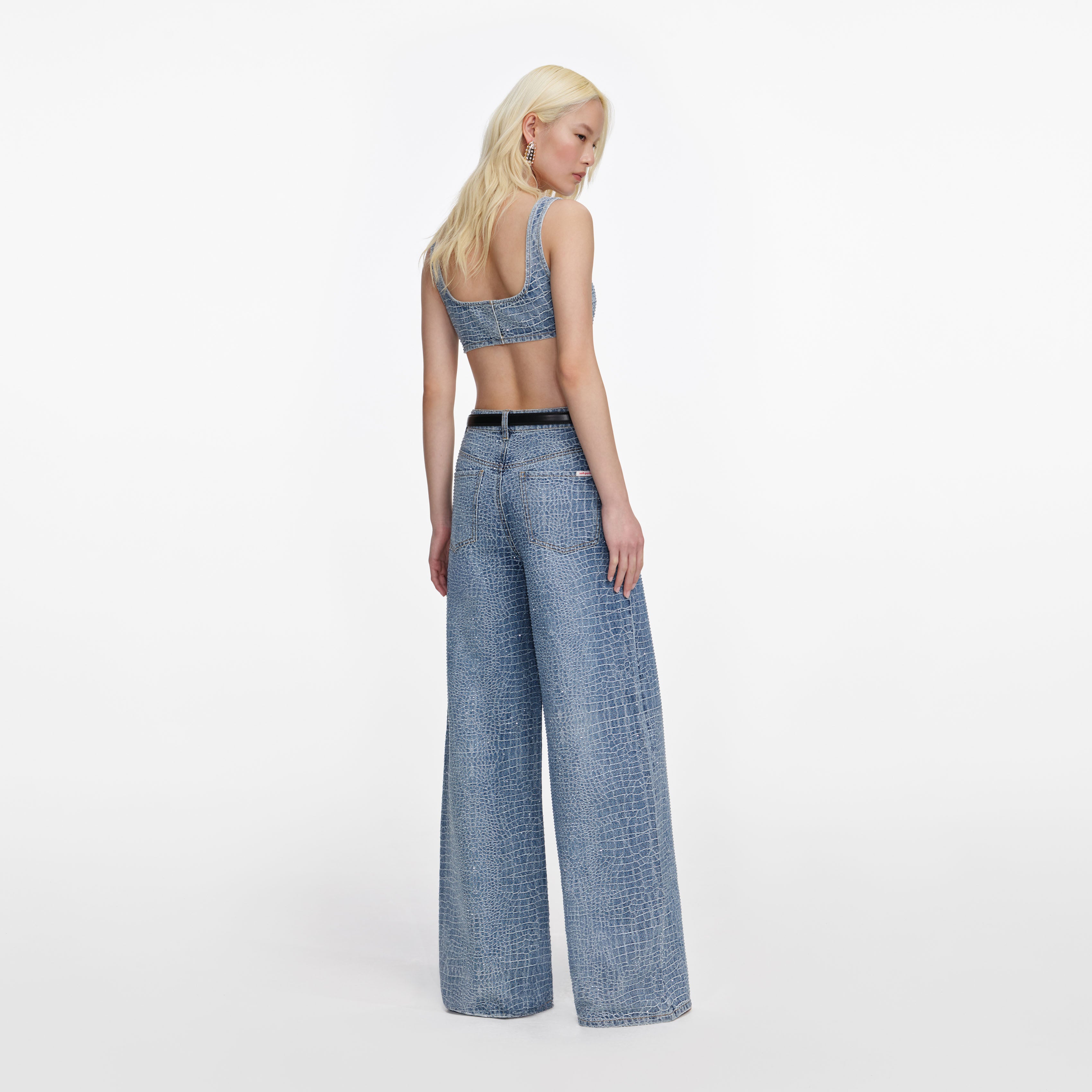 Rhinestone Croc Effect Wide Leg Jeans