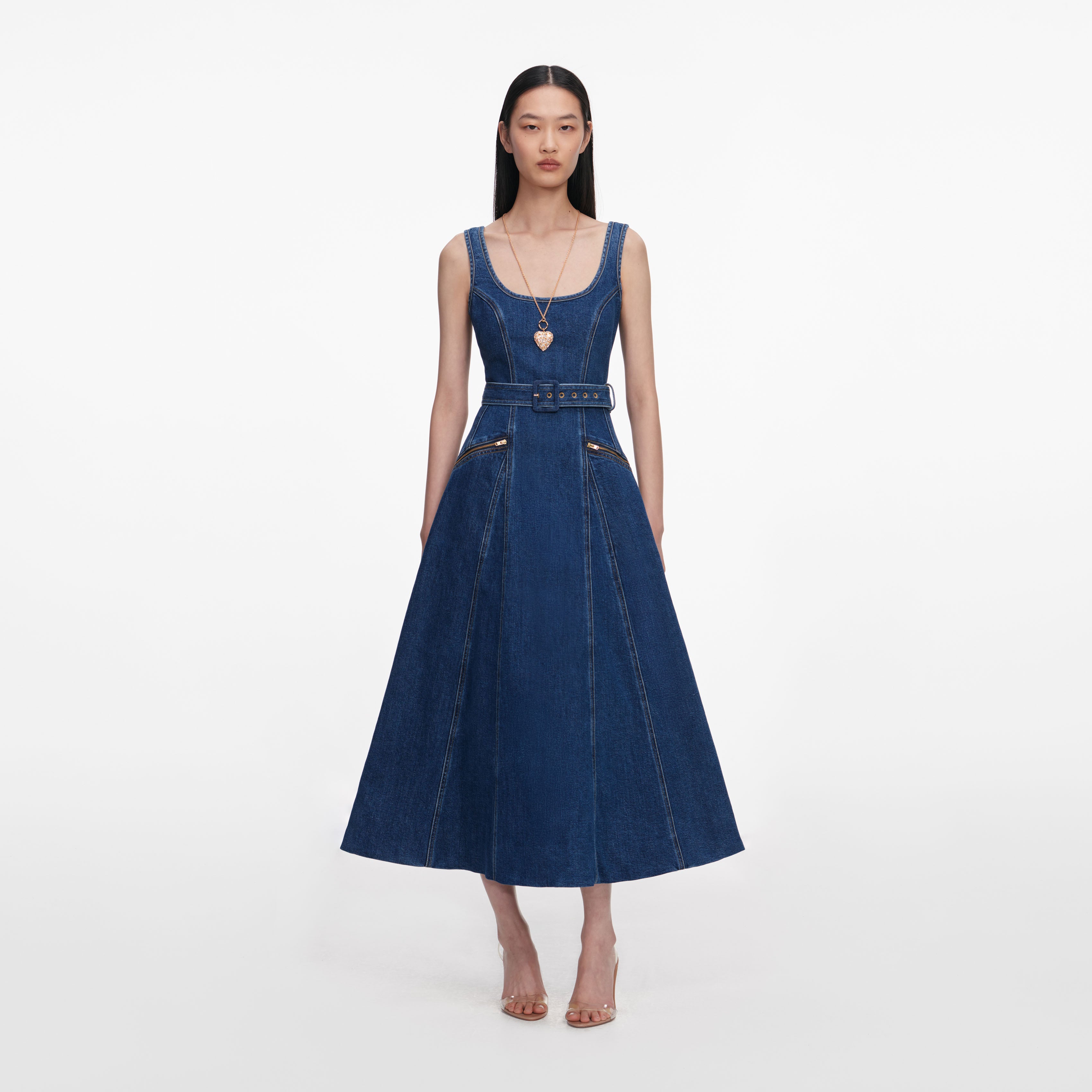 self portrait Denim Flared Belted Midi Dress CLOTHING | Clothing self portrait Denim Flared Belted Midi Dress CLOTHING | Clothing