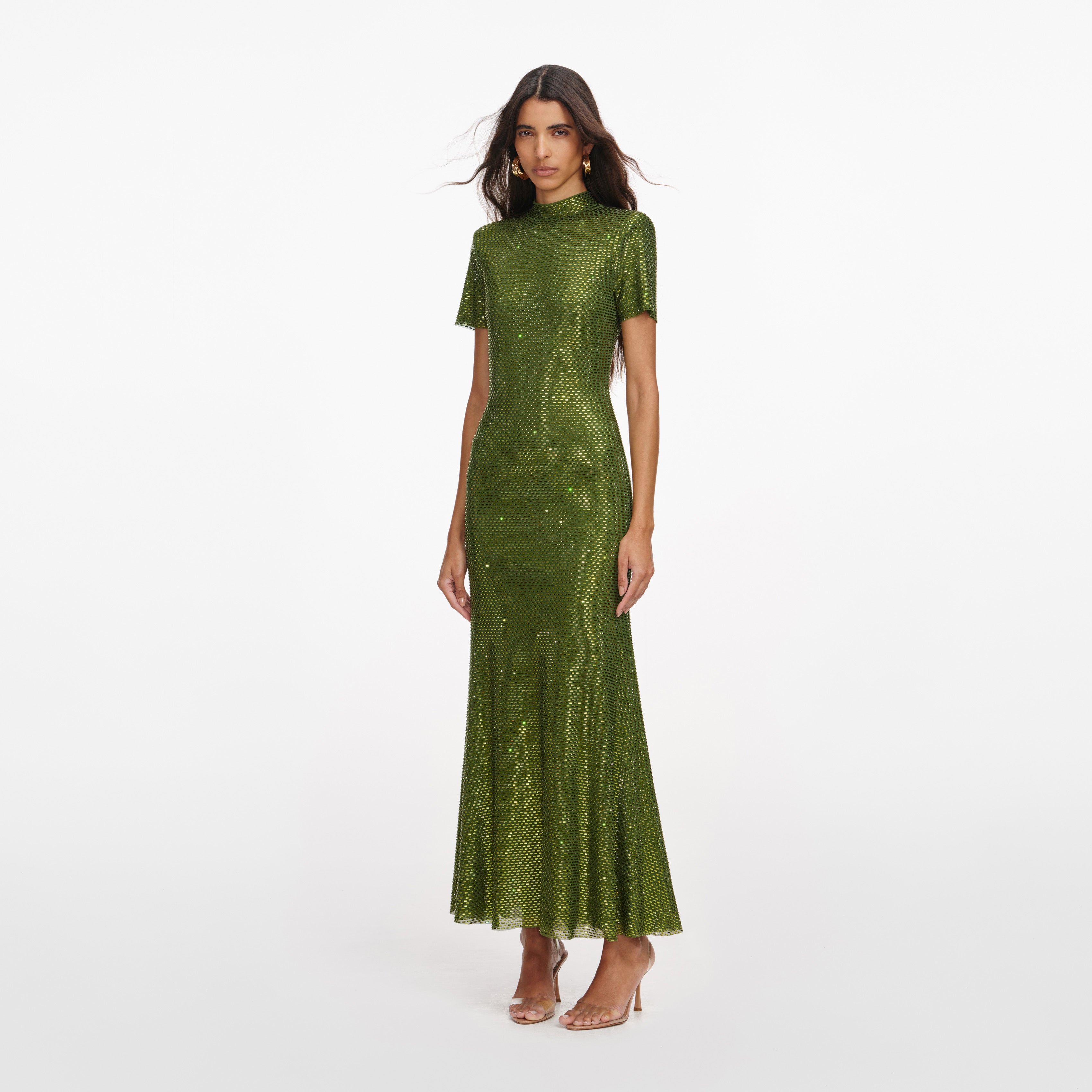 Olive Rhinestone Mesh Midi Dress