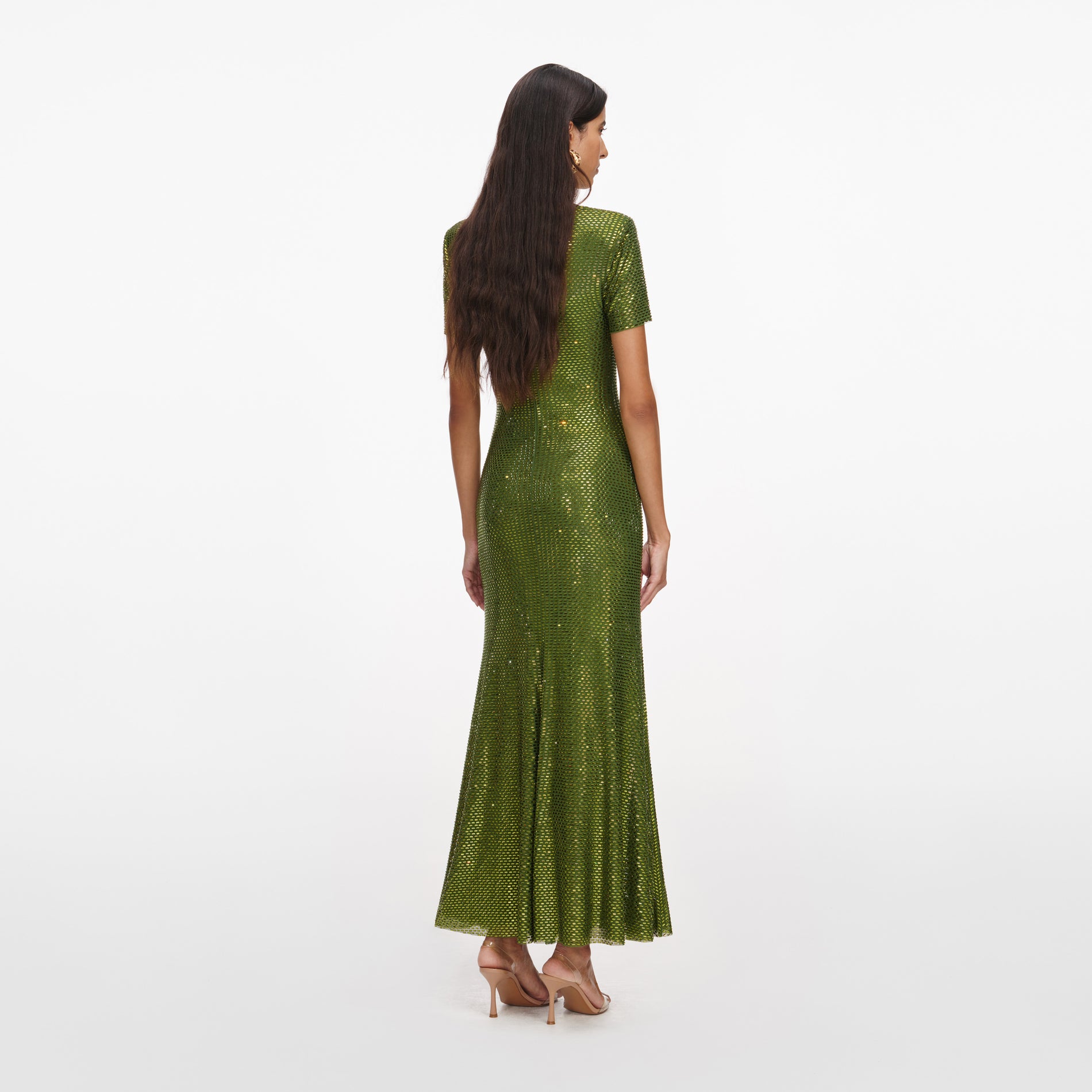 Back view of a woman wearing the Olive Rhinestone Mesh Midi Dress